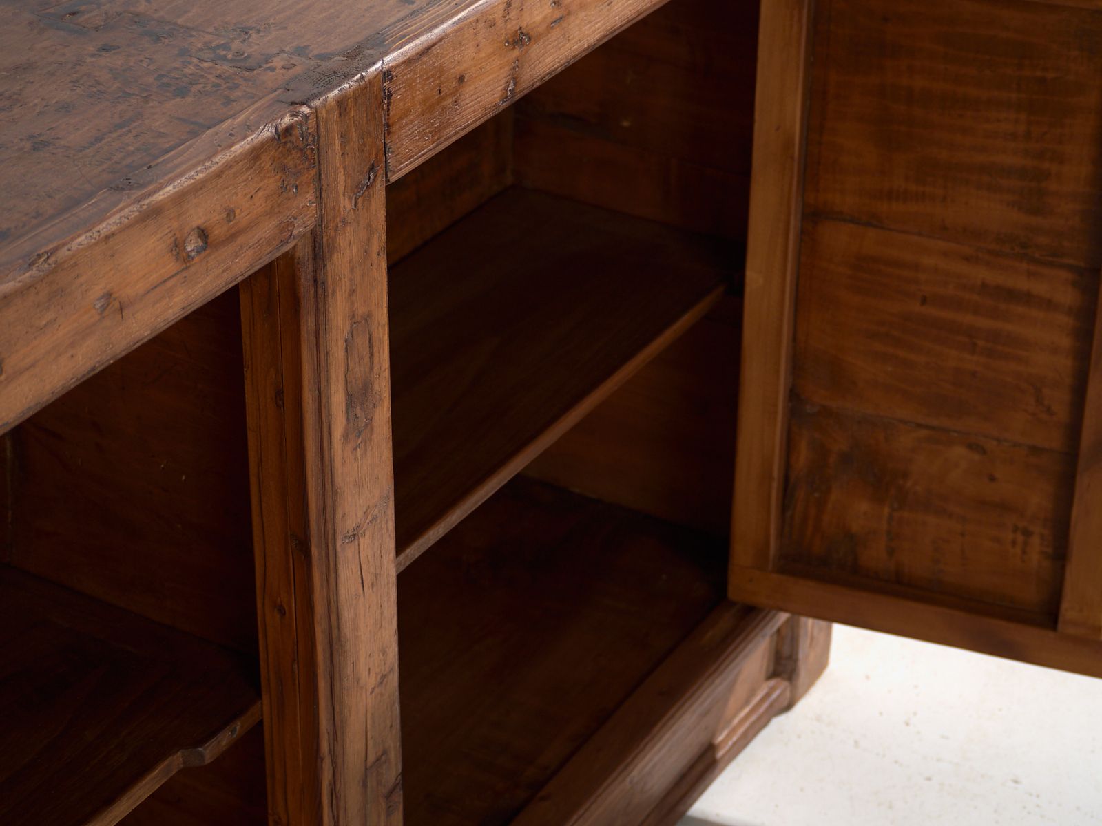 Tall Chinese Sideboard In Carved Pine With Geometric Panels – Gansu, Circa 1930 photo vintage