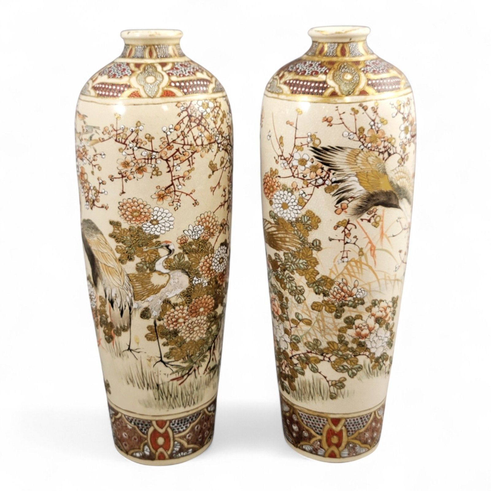 Pair Kyoto Satsuma Vases, Cranes & Plum Blossom, Meiji C.1890–1905 photo furniture