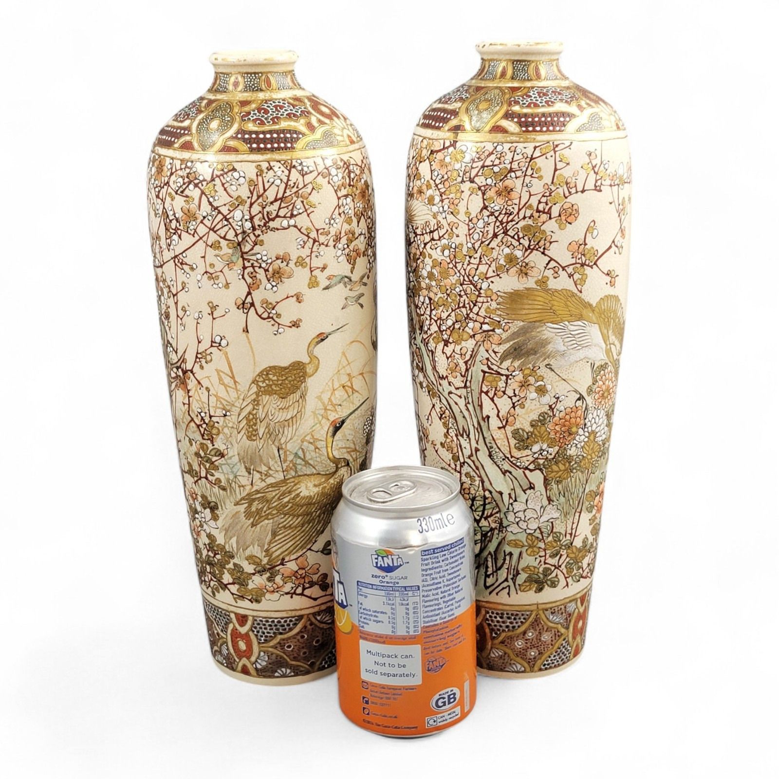 Pair Kyoto Satsuma Vases, Cranes & Plum Blossom, Meiji C.1890–1905 photo vinterior
