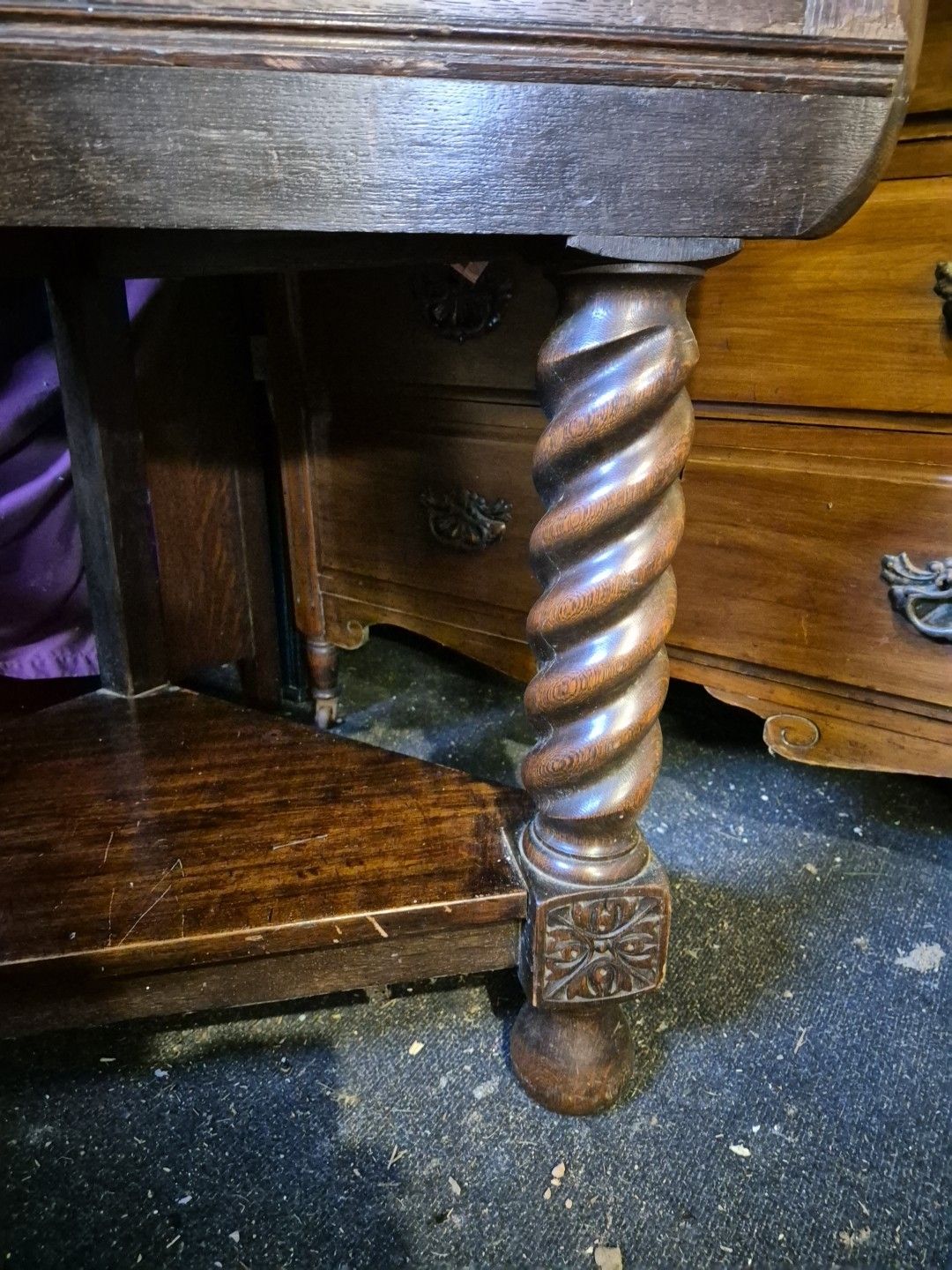 1920's Jacobean Style Large Carved Oak Corner Cabinet On Barley Twist Legs photo Furniture