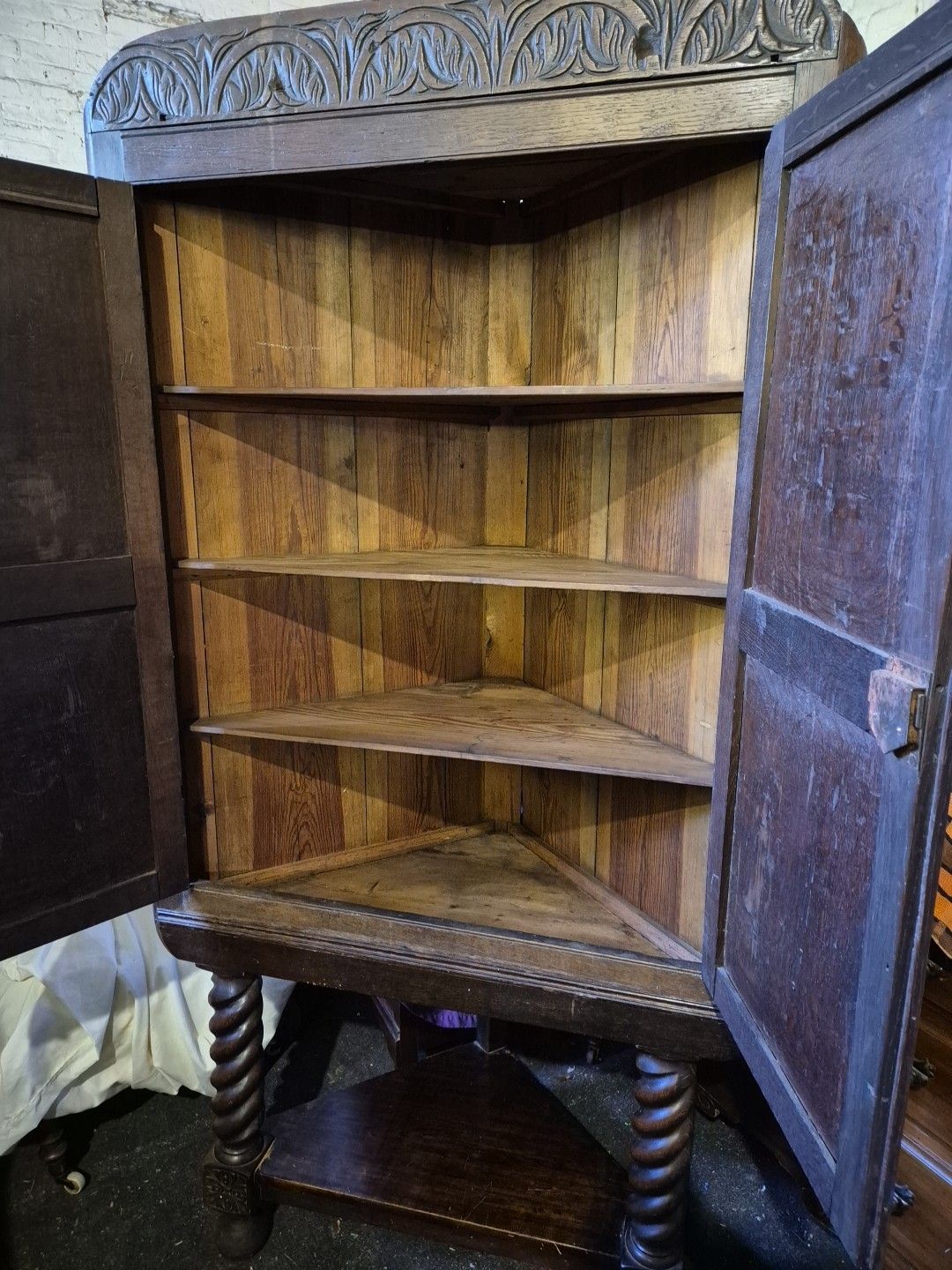 150.0 1920's Jacobean Style Large Carved Oak Corner Cabinet On Barley Twist Legs photo