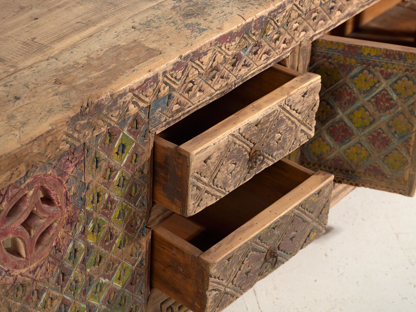 Antique Chinese Carved Fir Low Sideboard With Ornate Panels – Gansu, Circa 1930 photo Furniture