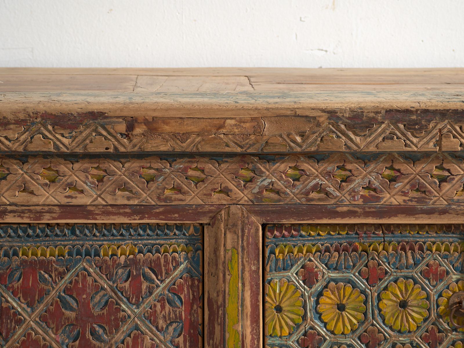 photo furniture Antique Chinese Carved Fir Low Sideboard With Ornate Panels – Gansu, Circa 1930