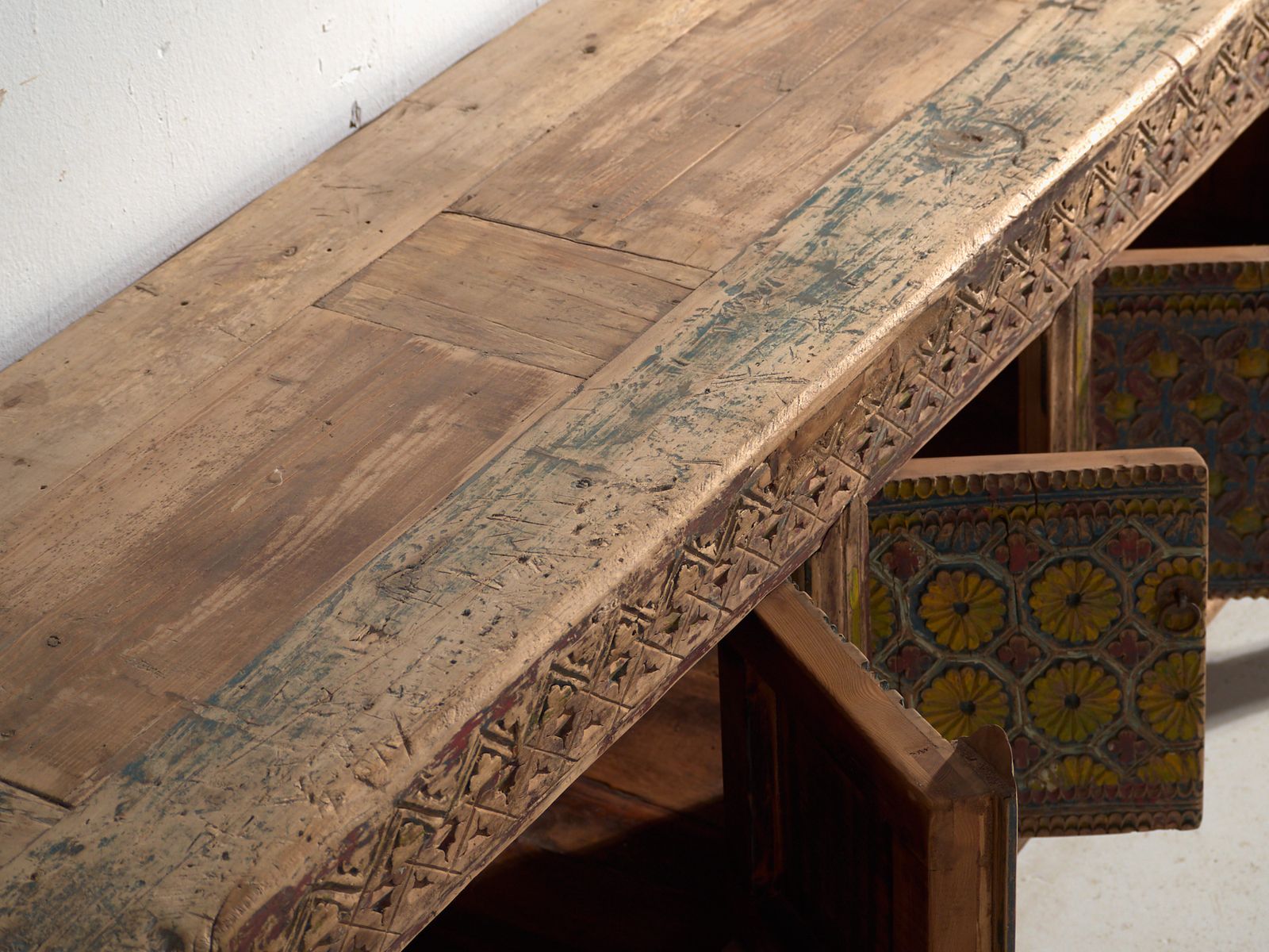 photo for sale Antique Chinese Carved Fir Low Sideboard With Ornate Panels – Gansu, Circa 1930