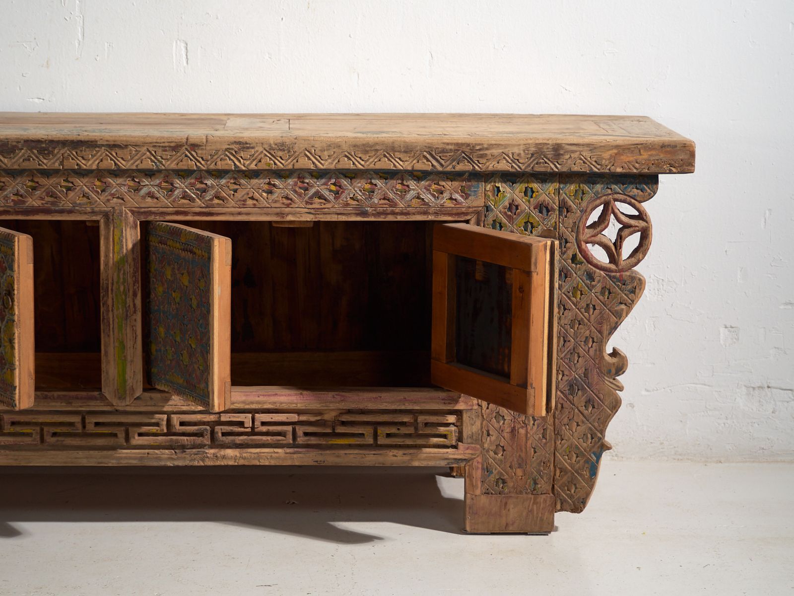 Furniture Antique Chinese Carved Fir Low Sideboard With Ornate Panels – Gansu, Circa 1930 photo