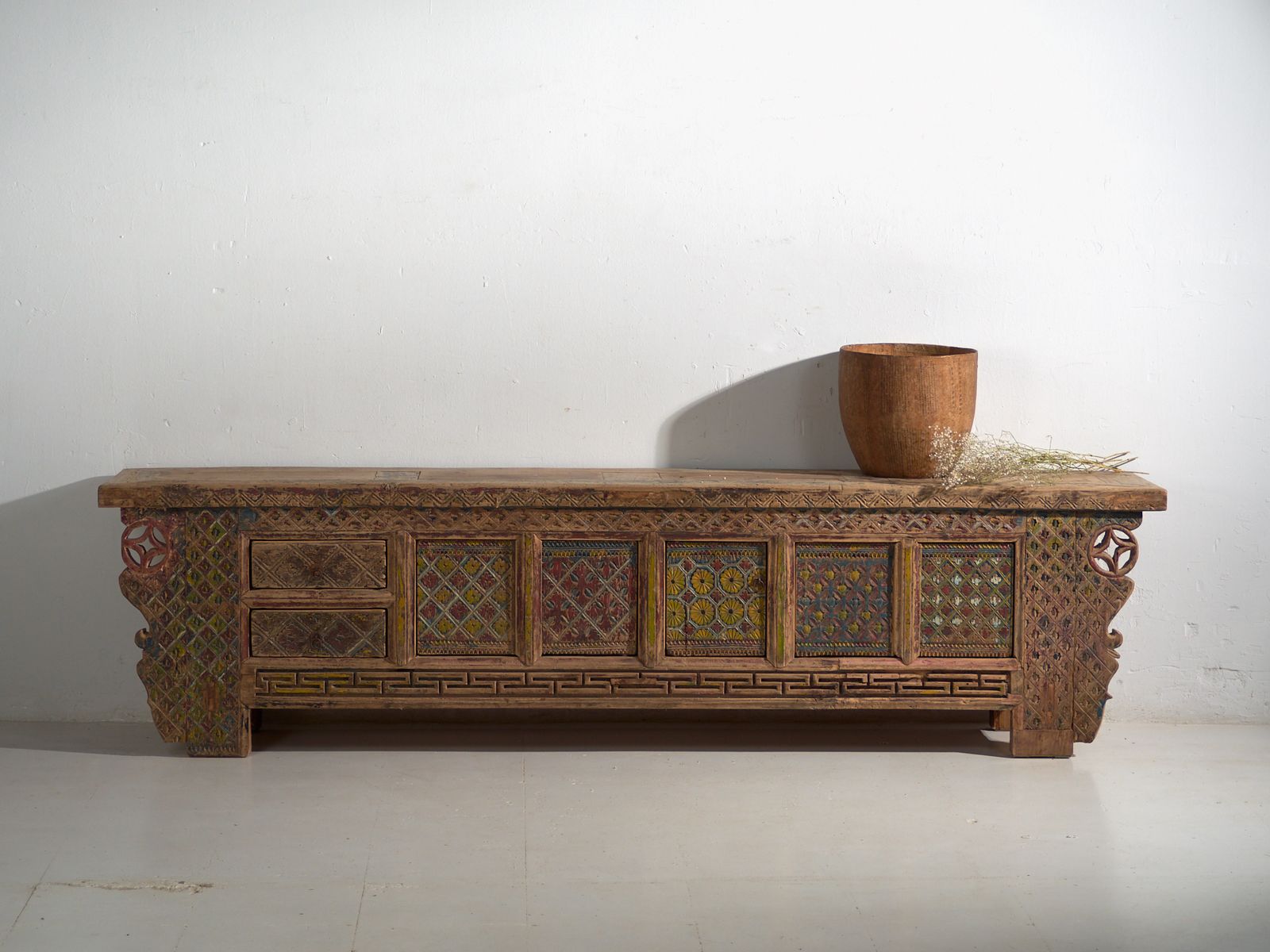 photo vinterior Antique Chinese Carved Fir Low Sideboard With Ornate Panels – Gansu, Circa 1930