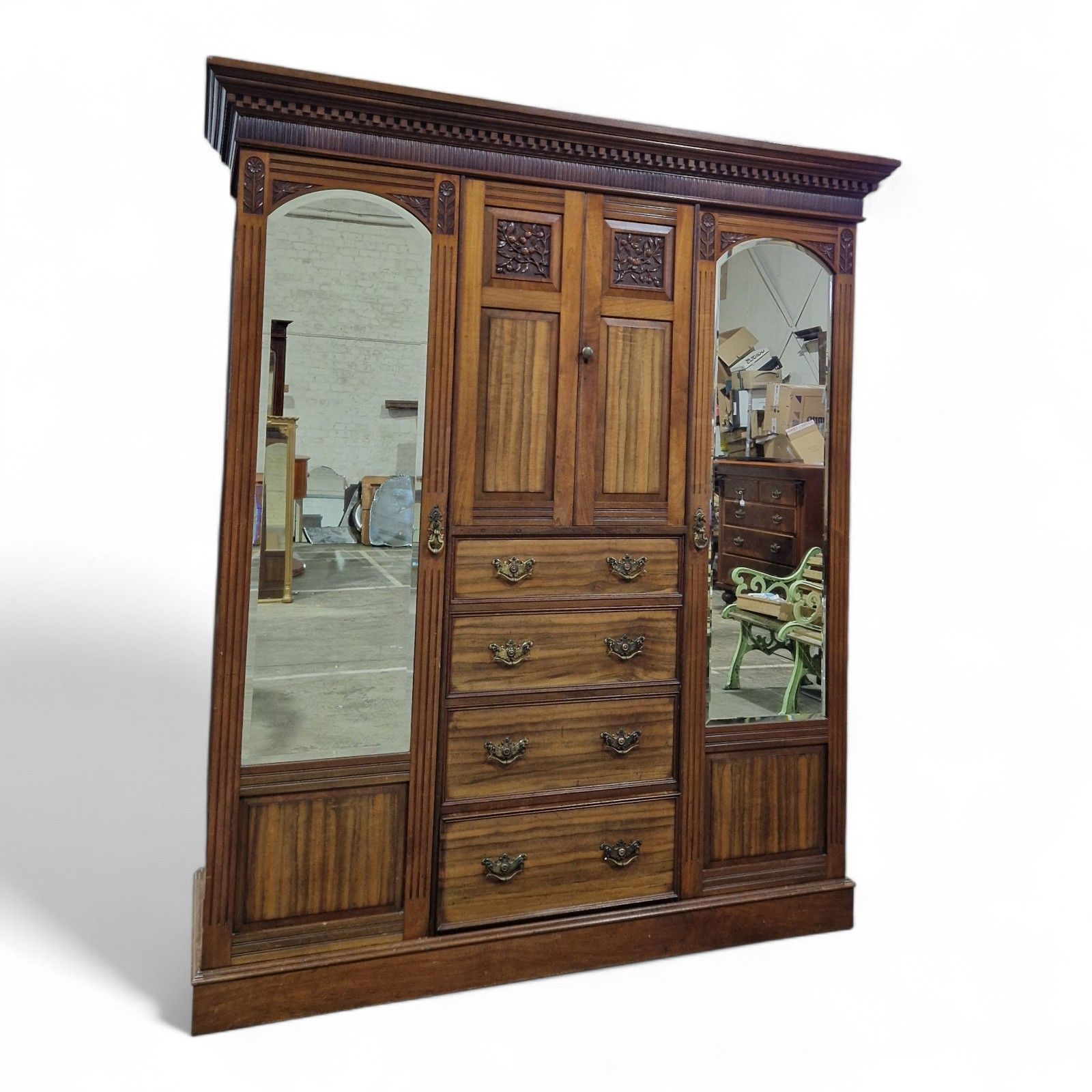 Victorian Combination Wardrobe Antique Carved Walnut Large Triple Wardrobe