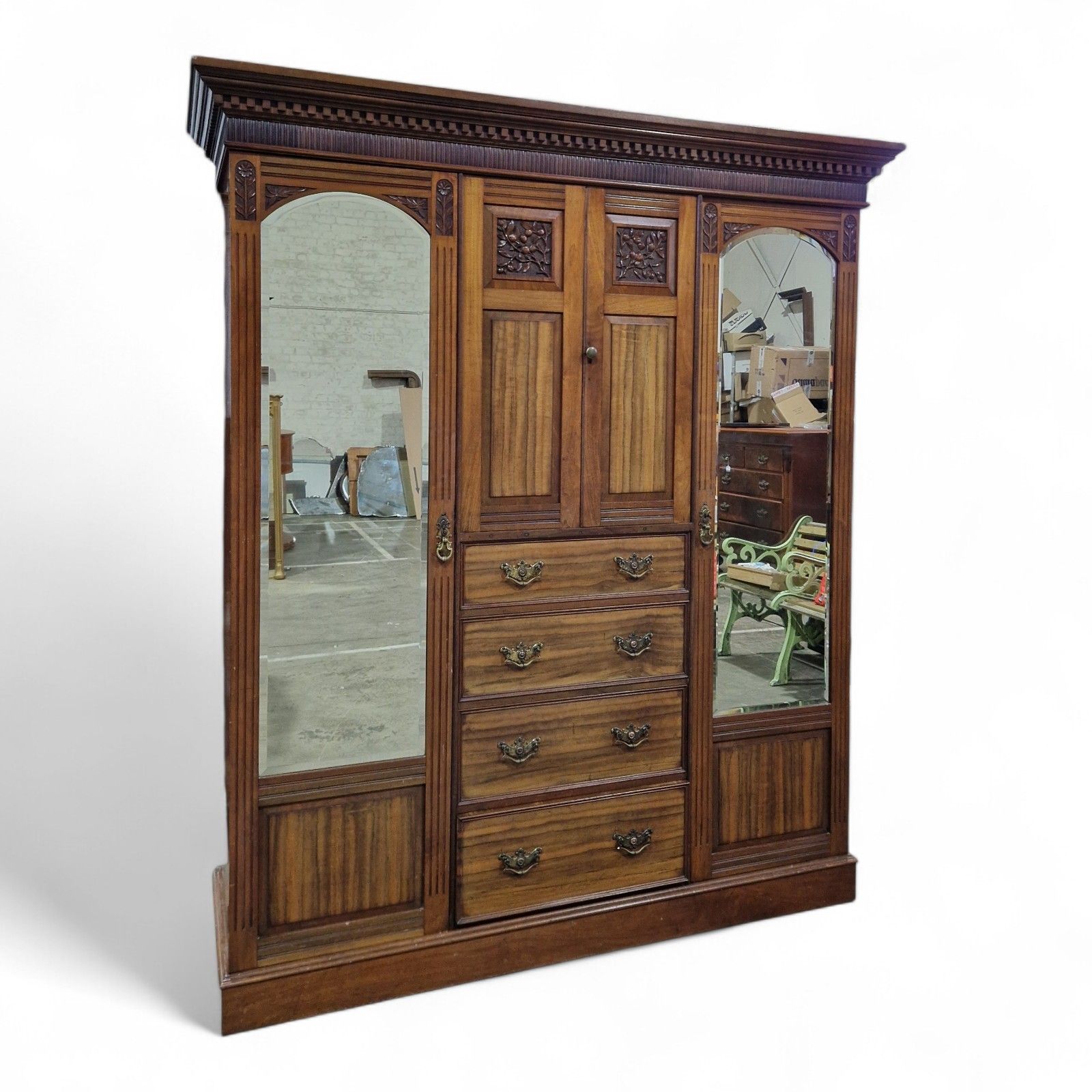 Victorian Combination Wardrobe Antique Carved Walnut Large Triple Wardrobe photo 795.0