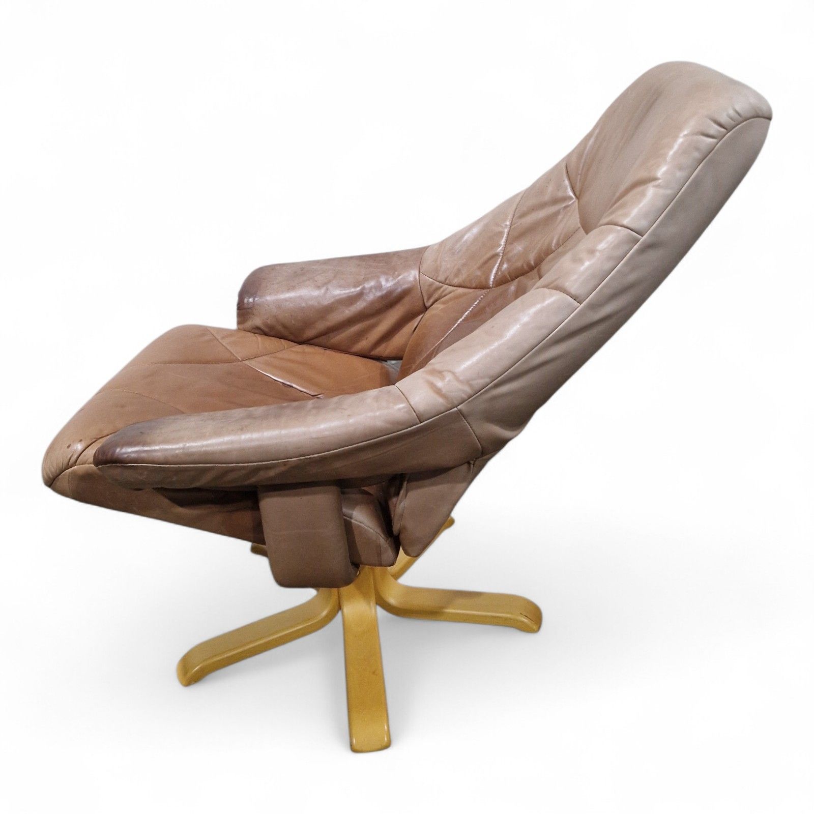 Furniture Vintage Leather Swivel Recliner Easy Chair Mid Century Style Armchair Tan Brown photo