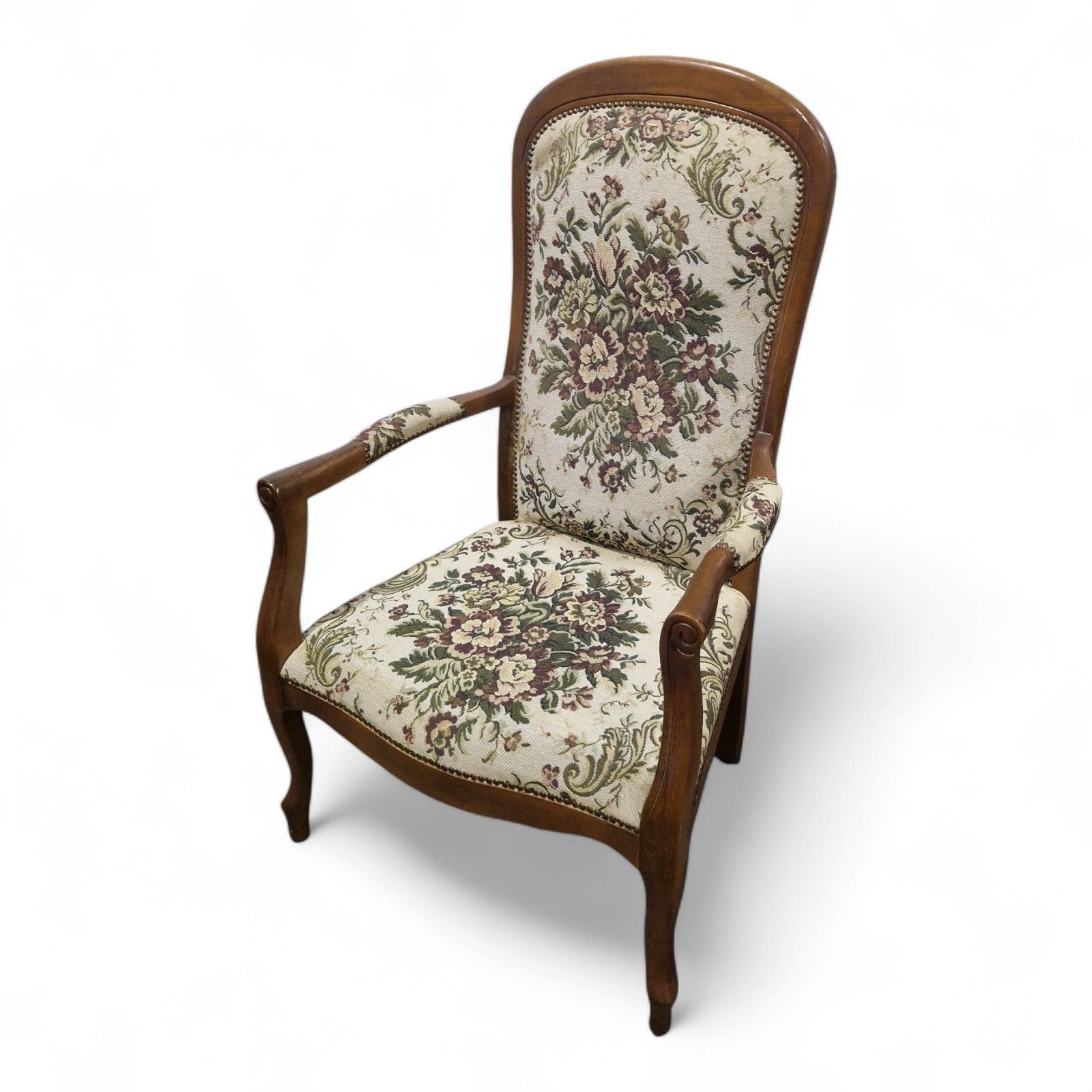 French Carved Armchair Antique Style Upholstered Floral Tapestry Accent Chair photo for sale