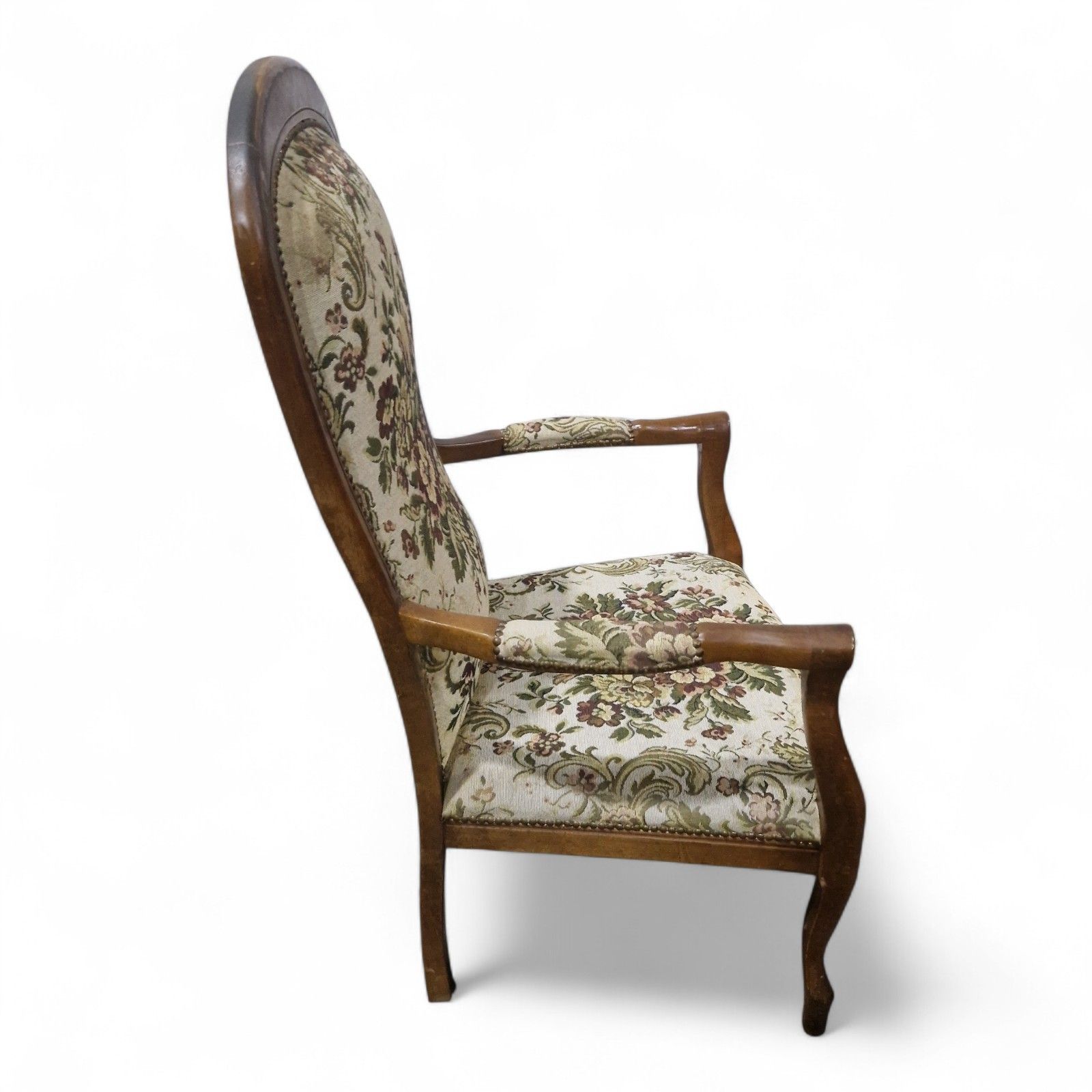 photo furniture French Carved Armchair Antique Style Upholstered Floral Tapestry Accent Chair