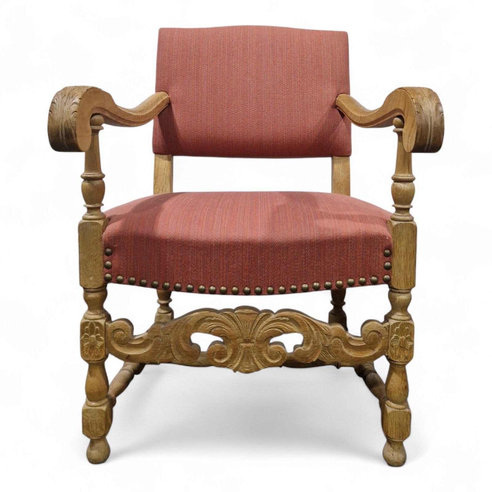 French Carved Oak Armchair Antique Continental Upholstered Wooden Accent Chair