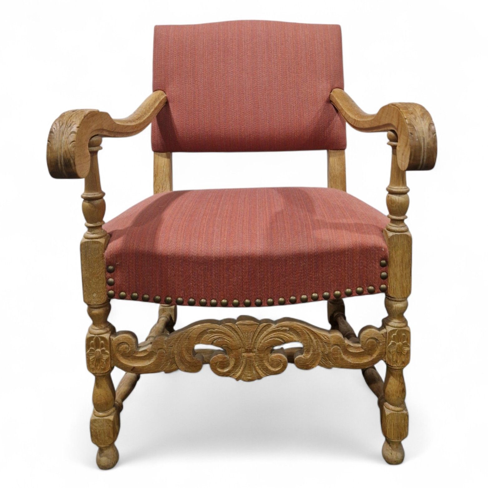 French Carved Oak Armchair Antique Continental Upholstered Wooden Accent Chair photo Furniture
