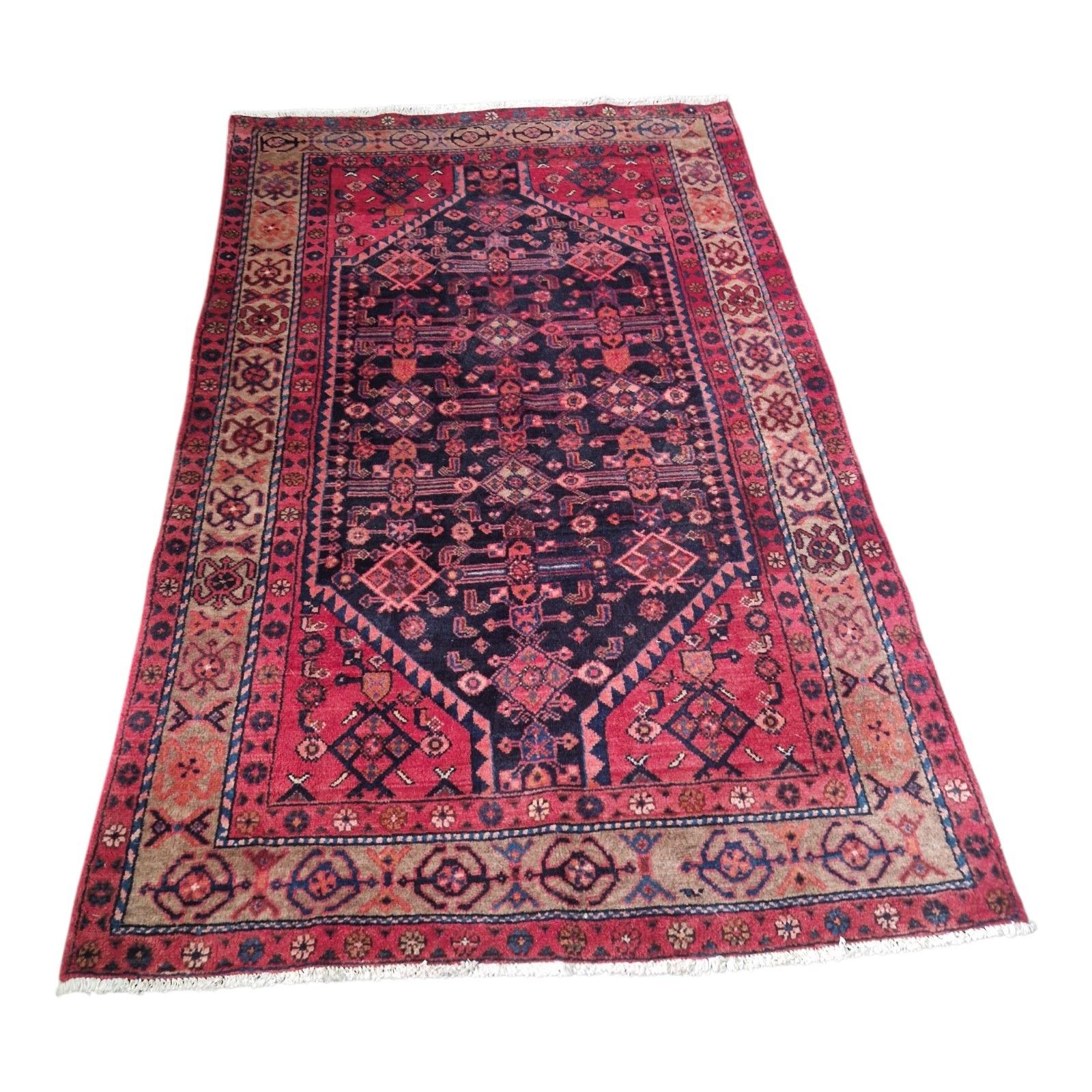Antique Traditional Rug Red Pink Blue Geometric Carpet Thick Pile Decorative