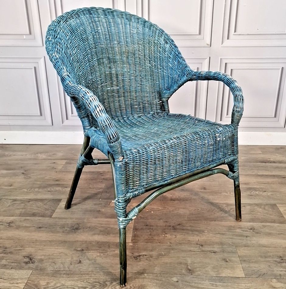 Vintage Wicker Armchair Blue Painted Rattan Cane Tub Chair Seat Retro Mcm