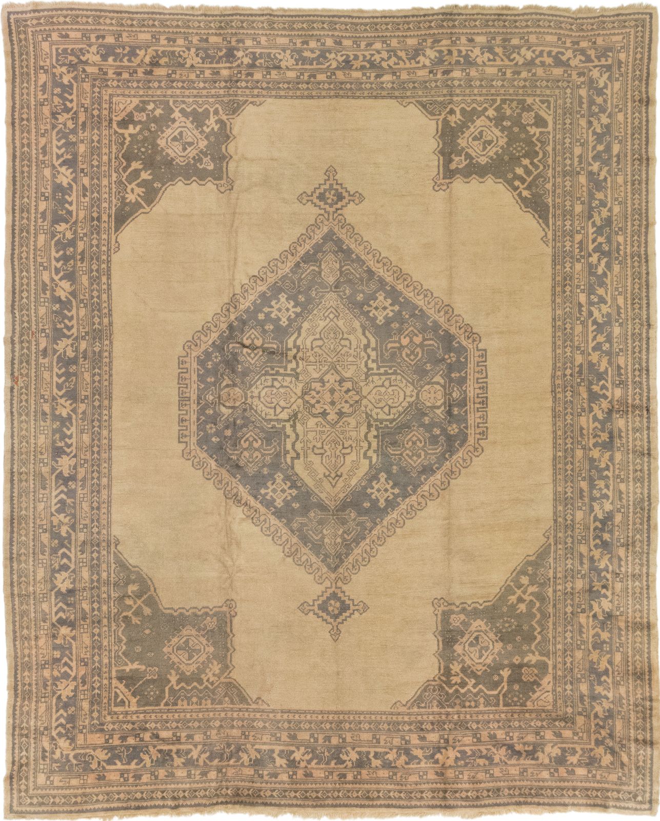 Antique Oushak Rug, 1920s, 447 × 373 Cm, Faded Beige And Soft Grey