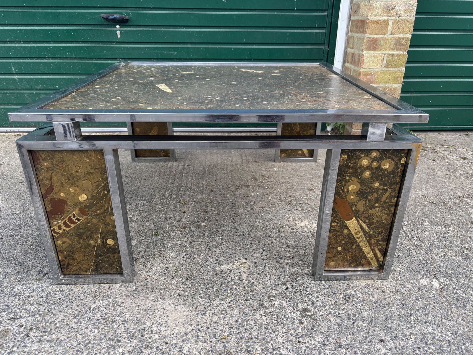 Vintage 1970s Inlaid Fossils + Steel Coffee Table   Style Of Ronald Schmitt