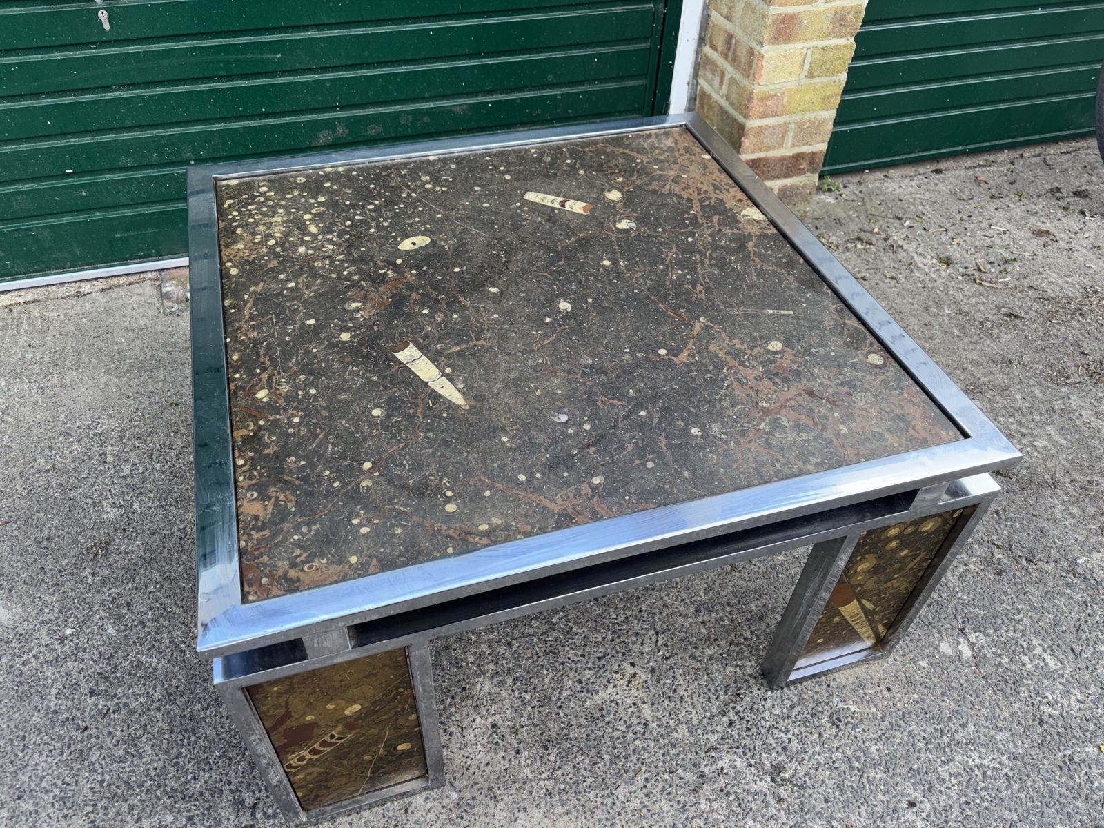 Vintage 1970s Inlaid Fossils + Steel Coffee Table   Style Of Ronald Schmitt photo buy