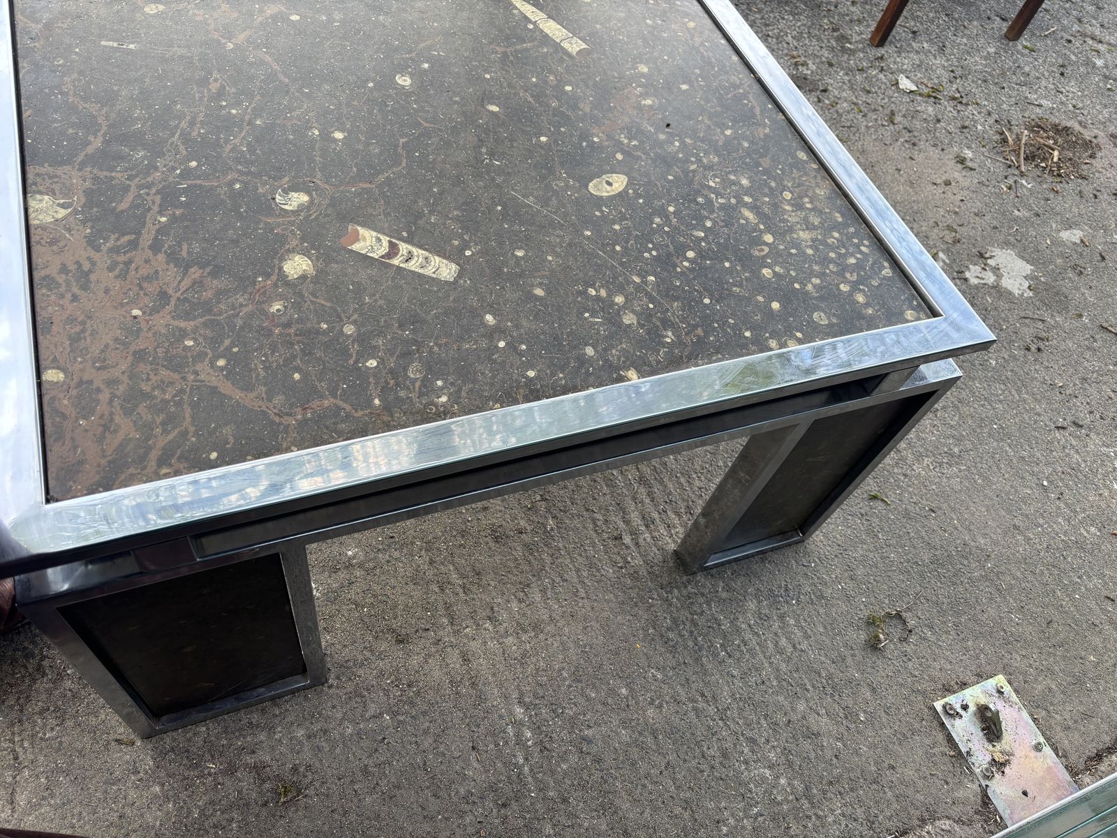 photo buy Vintage 1970s Inlaid Fossils + Steel Coffee Table   Style Of Ronald Schmitt