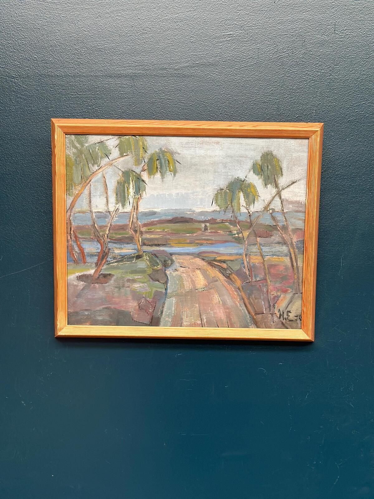 Original Mid Century Scandinavian Oil On Canvas – Path “H.E.” (1960) – Signed – Vintage & Framed – 52 × 43 Cm (20.5" × 16.9") photo vinterior