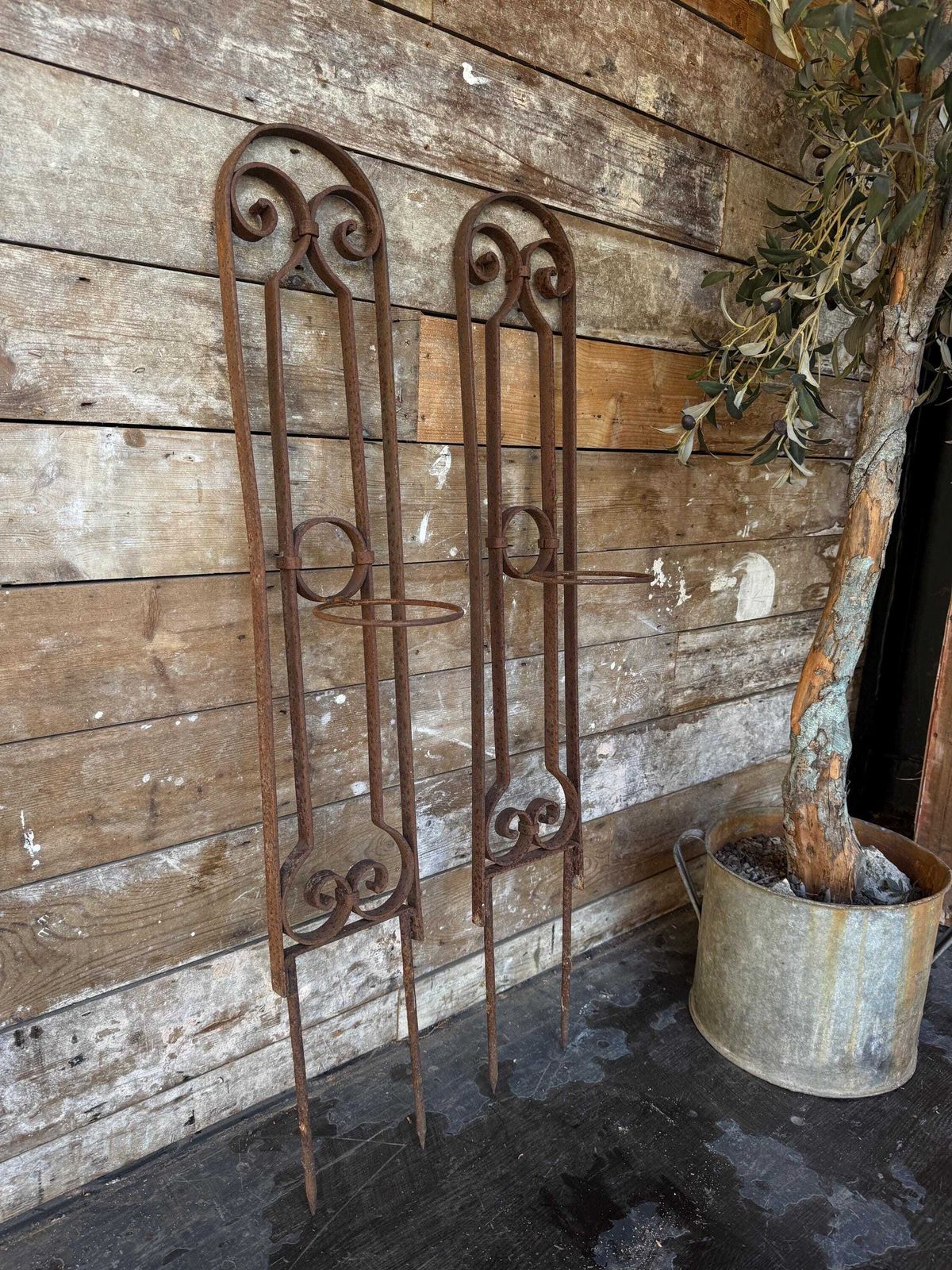 Pretty Pair Of Rustic Steel Planters photo for sale