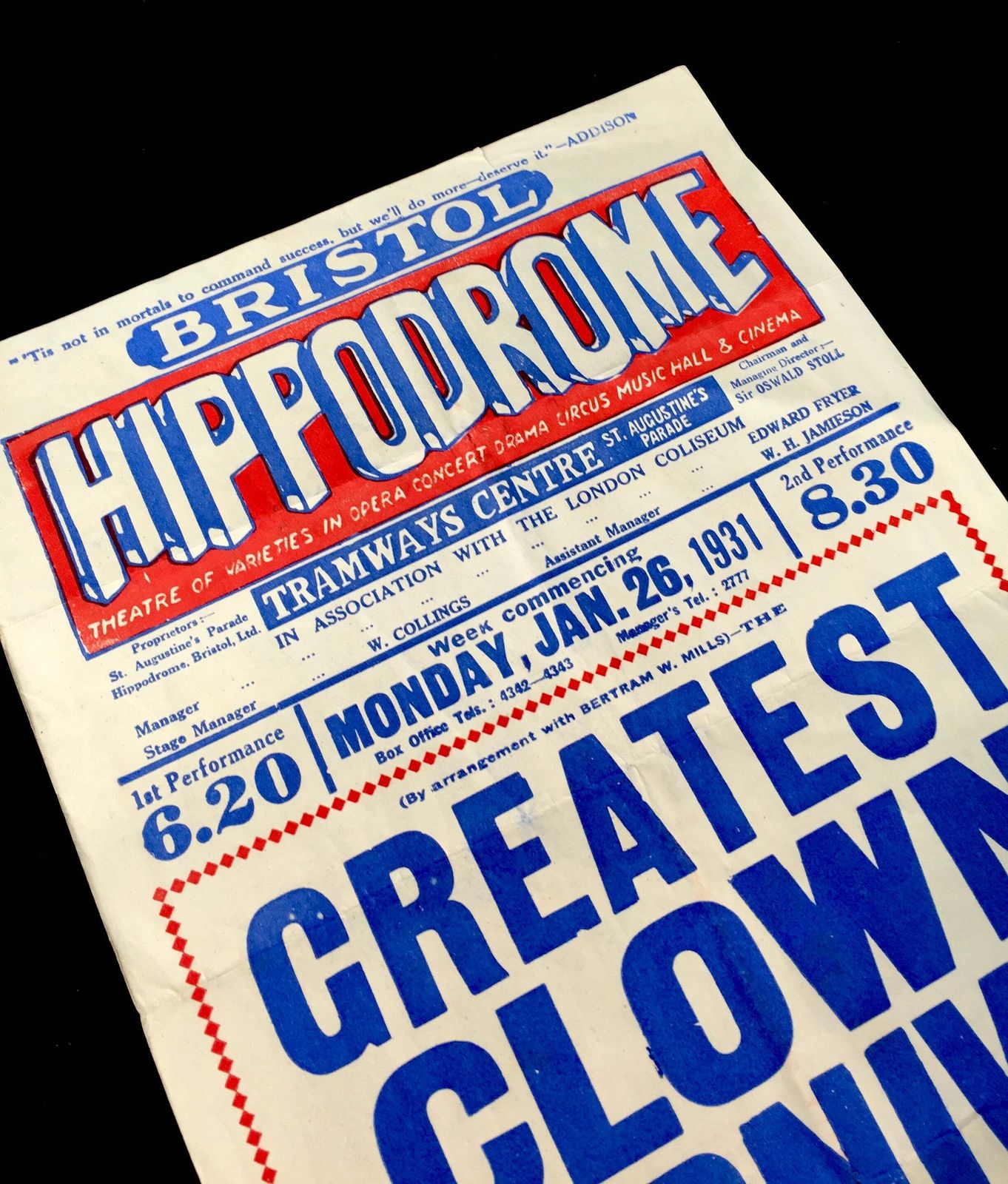 Antique Advertising Theatre Poster For Greatest Clown Carnival In Bristol C.1930 photo vinterior