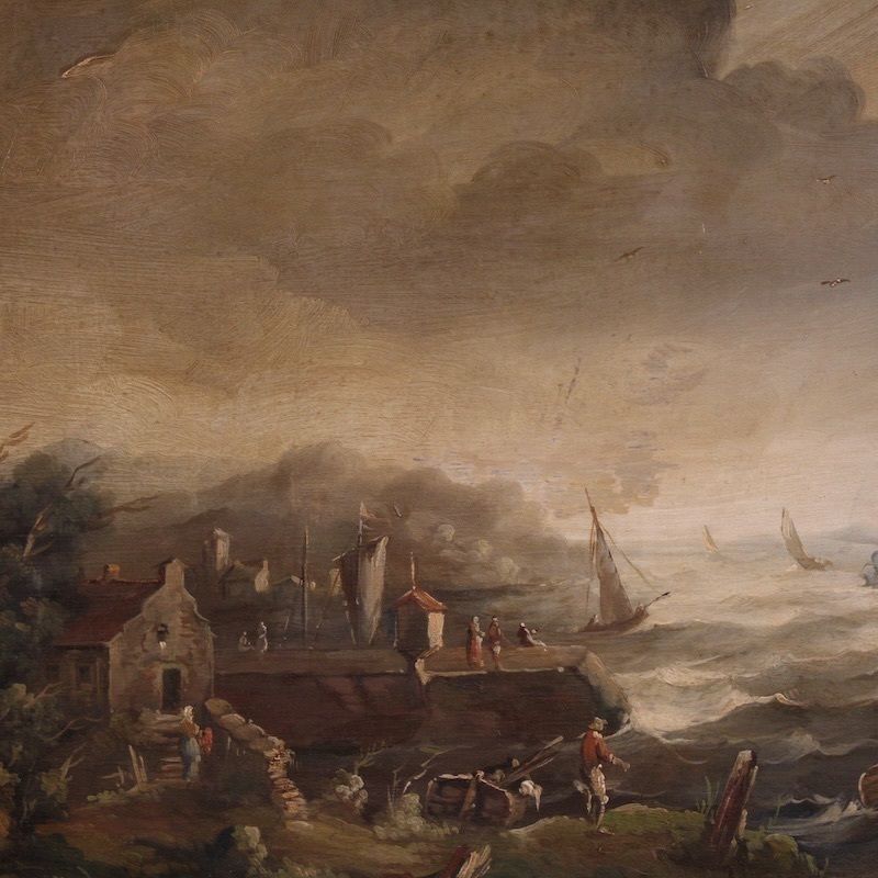 Peinture flamande, marine avec bateaux et personnages, XXe siècle photo for sale