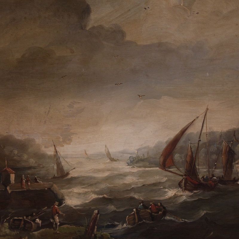 Peinture flamande, marine avec bateaux et personnages, XXe siècle photo 1400.0