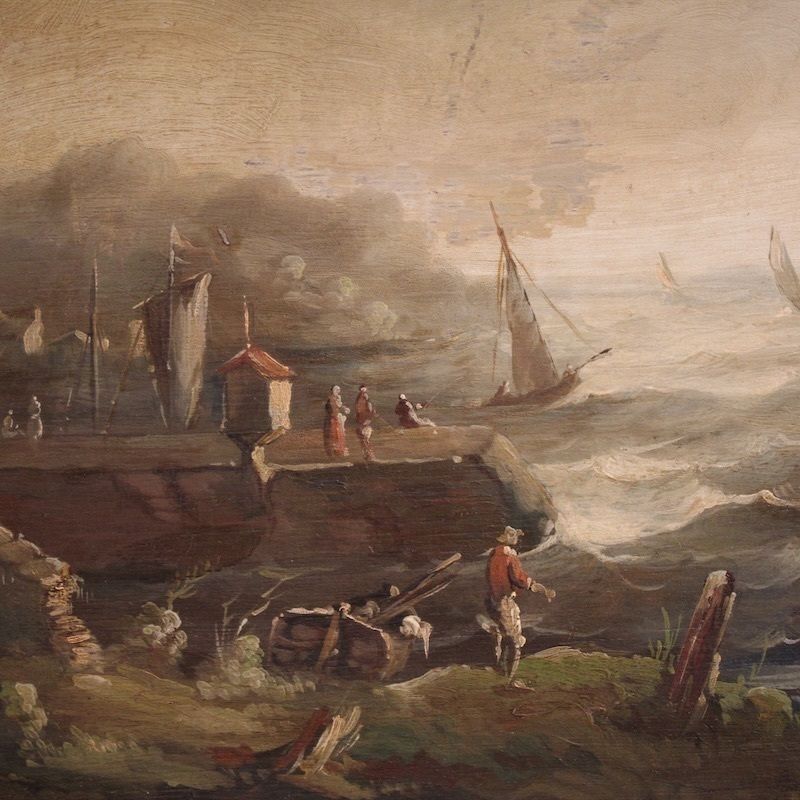 Flemish Painting Seascape With Boats And Characters From The 20th Century photo vintage