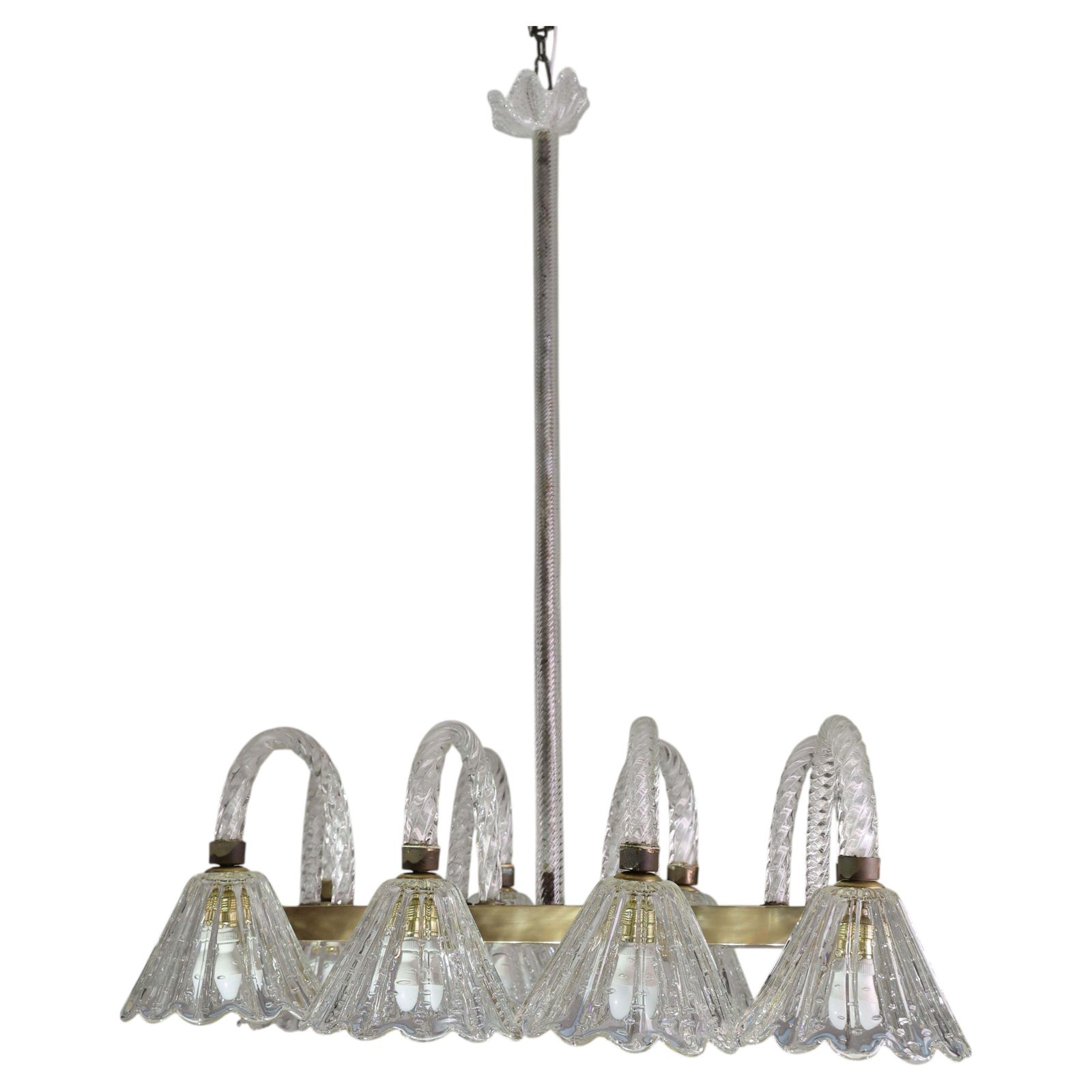 Museal 8 Light Art Decò Barovier E Toso Chandelier, Murano "Bubble" Glass, 1950s