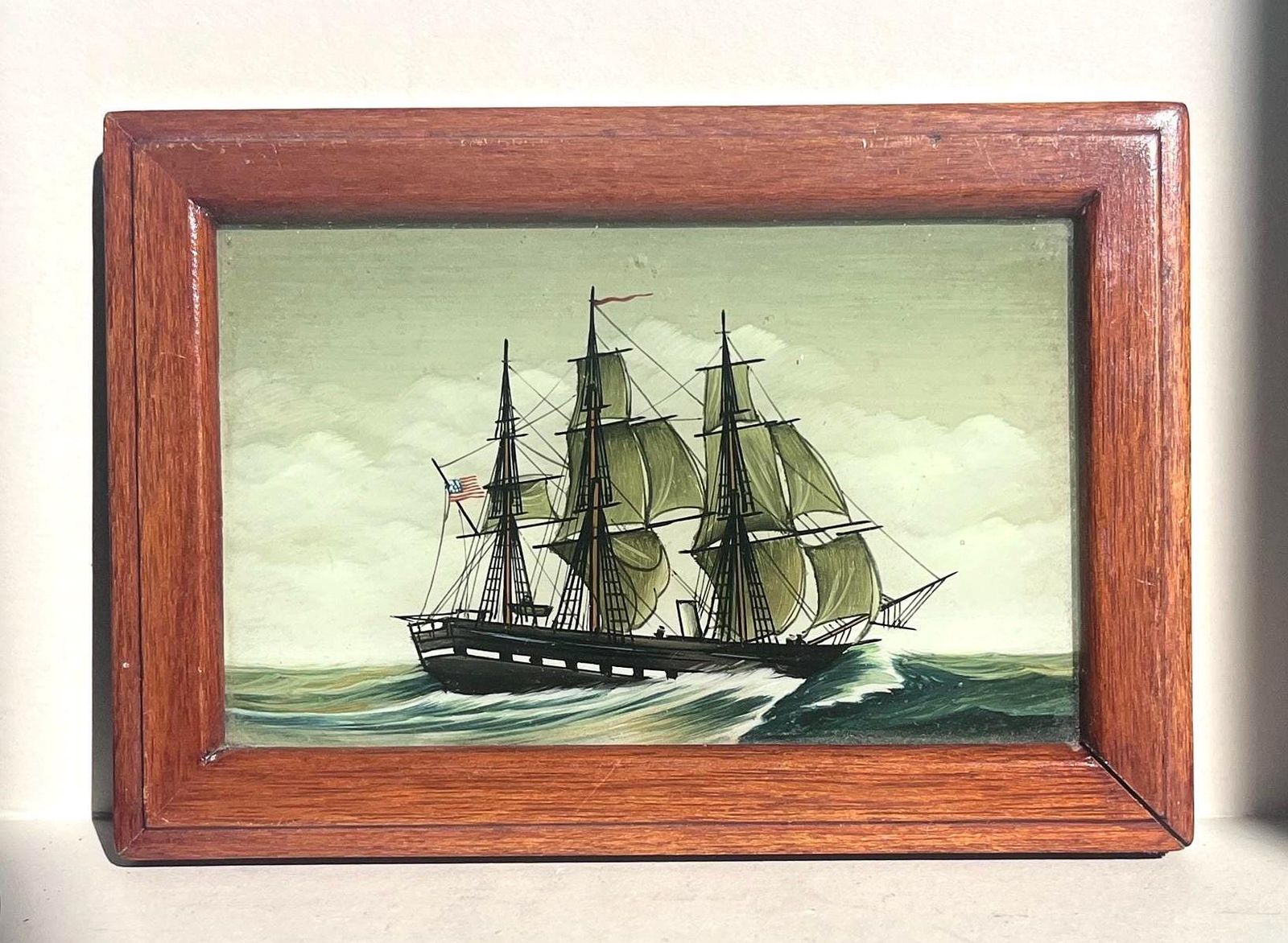 Art Vintage Reverse Glass Ship Painting Framed Nautical Wall Art Maritime Picture photo