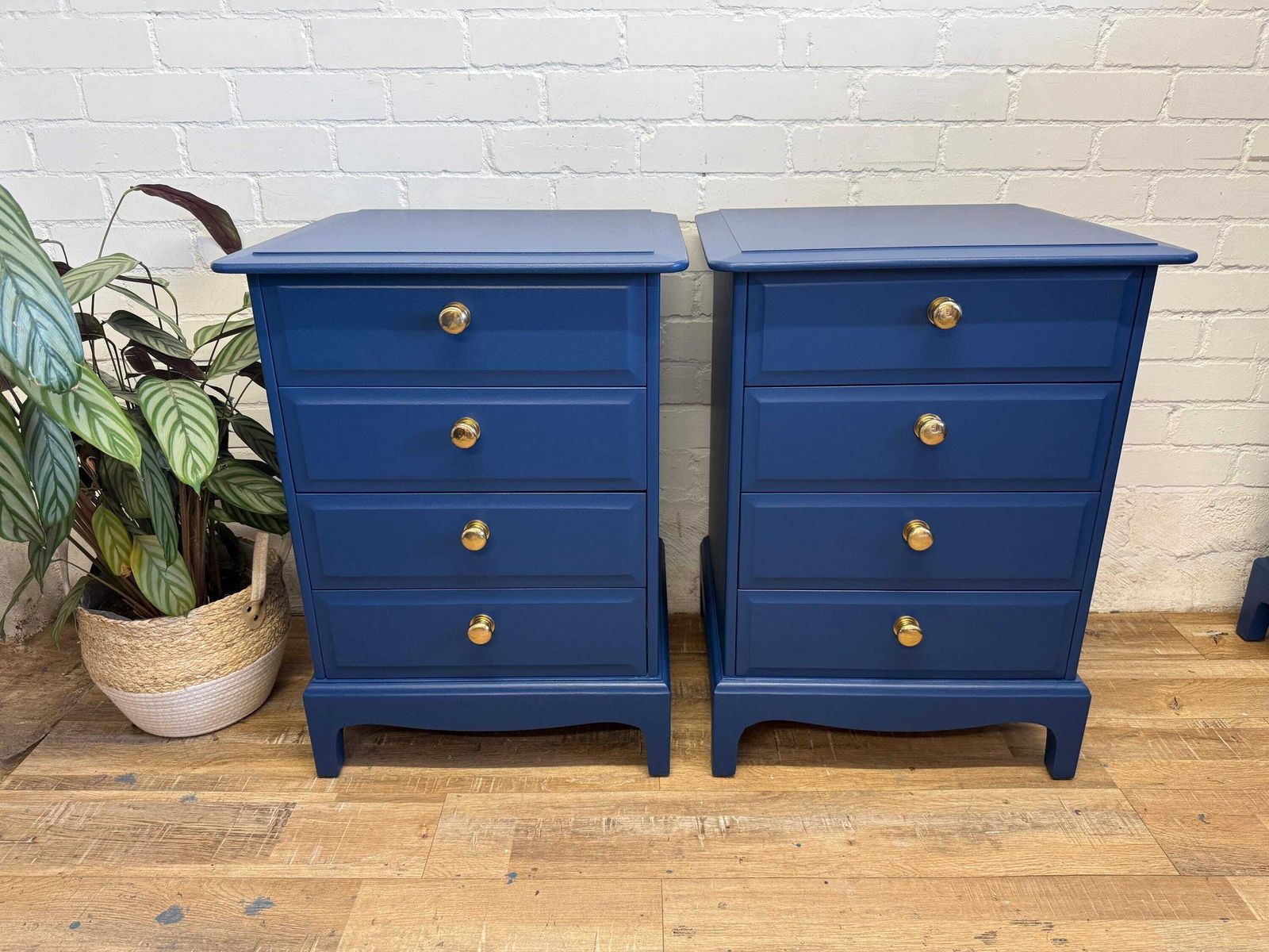 Stag Minstrel Bedside Chest Of Drawers – Painted In Symphony Blue – Polished Brass Knobs photo for sale