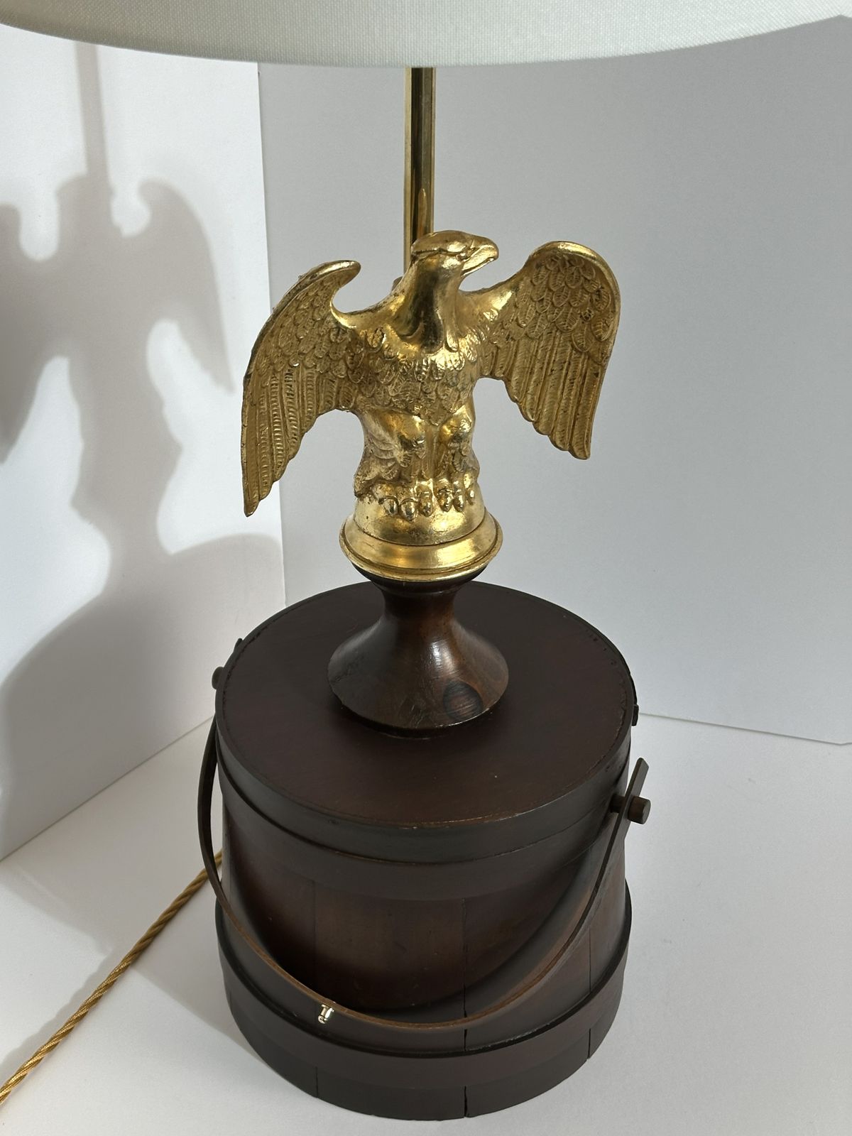 photo furniture Eagle Table Lamp, Federal Style, Gilt Metal, Wooden Barrel Base, USA 1950s