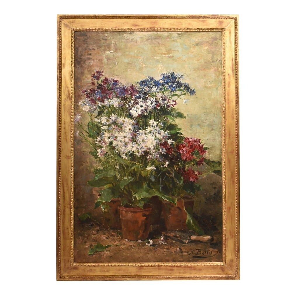 Still Life Flowers Painting, Spring Floral, Cornflowers And Daisies, Oil On Canvas, Antique, XIX.