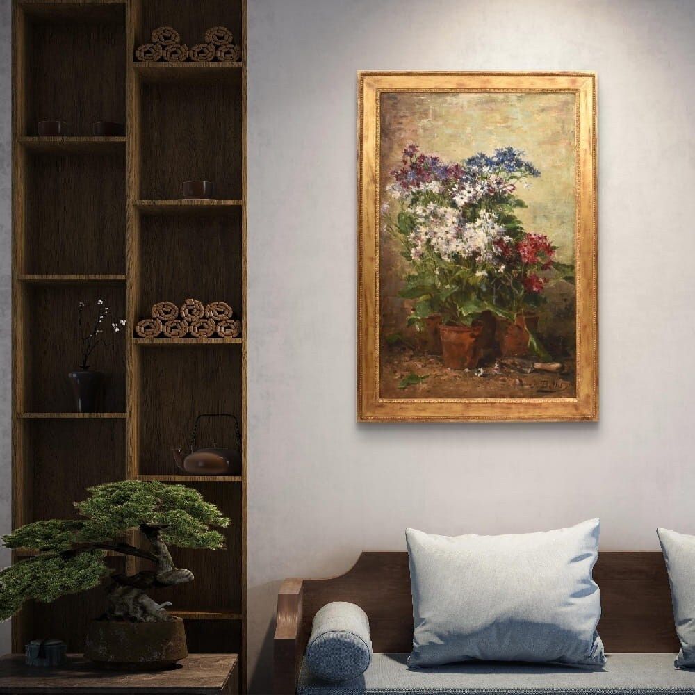 Still Life Flowers Painting, Spring Floral, Cornflowers And Daisies, Oil On Canvas, Antique, XIX. photo furniture