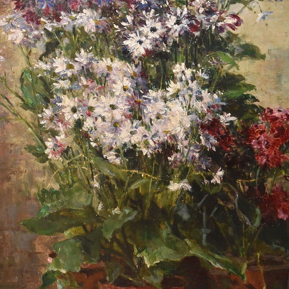 Still Life Flowers Painting, Spring Floral, Cornflowers And Daisies, Oil On Canvas, Antique, XIX. photo Art