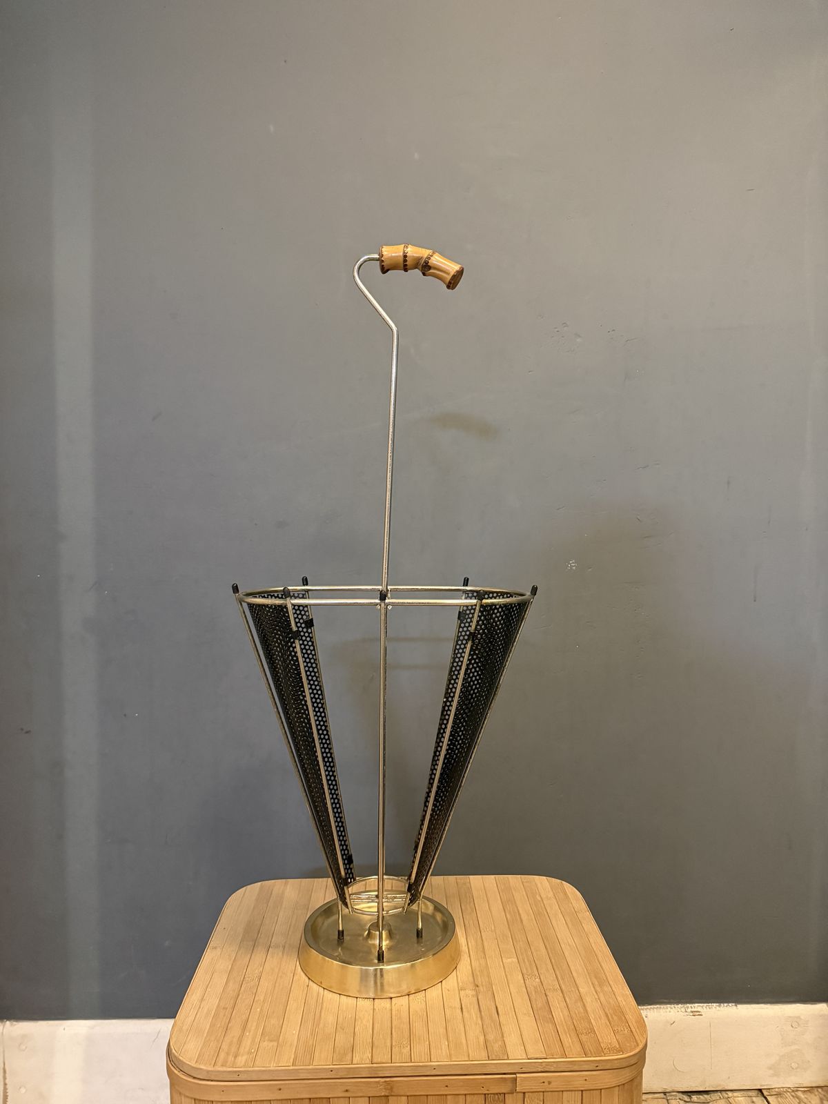 Vintage Mid Century Black Metal And Brass Umbrella Stand