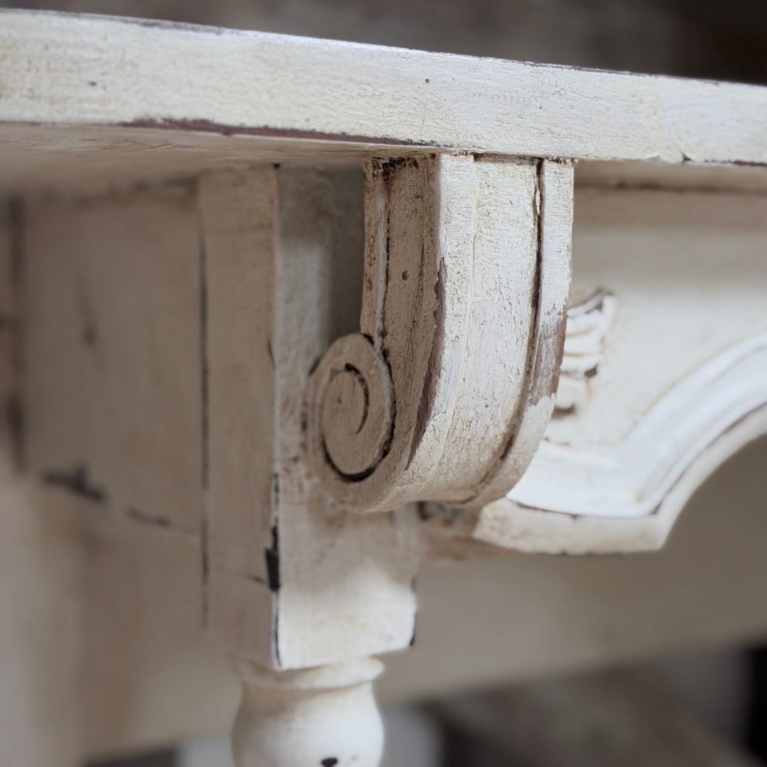 French Style Console | Reclaimed Armoire Wood & Antique Moulding photo for sale