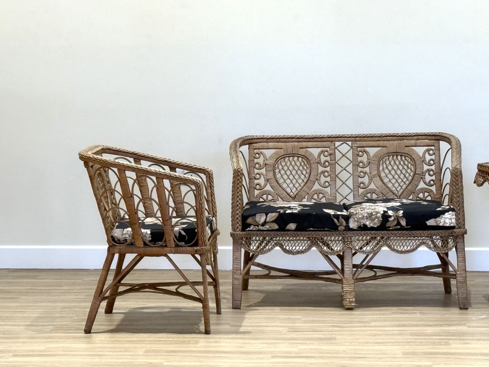 Late 19th–Early 20th Century French Wicker Conservatory Set With Heart Shaped Backs And Glass Top Table photo 390.0