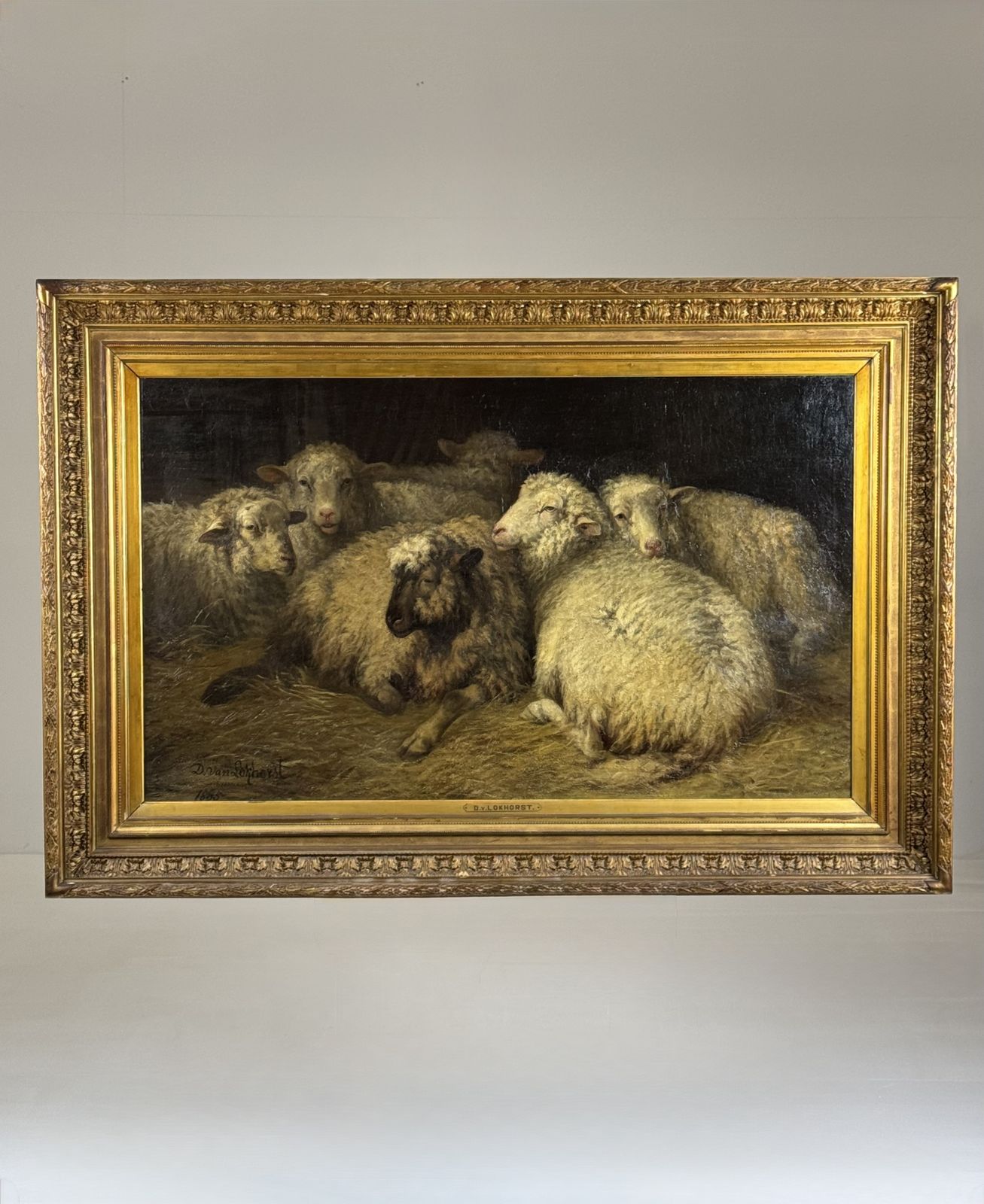 photo for sale Painting Of Sheep In The Stable By D. Van Lokhorst, 19th Century