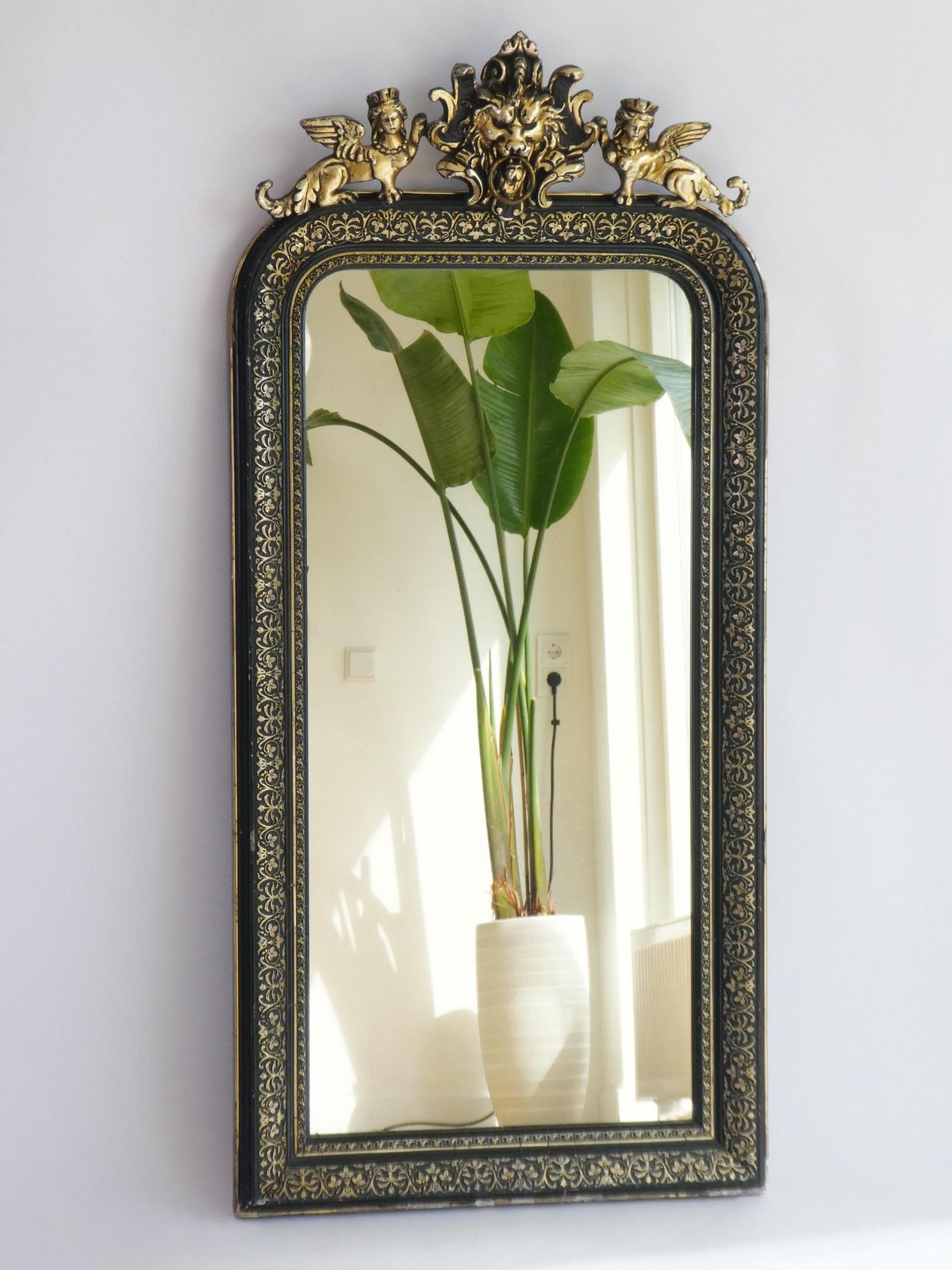 Antique French Arched Mirror, 19th Century Louis Philippe Black Gold With Ornament, Carved Wall Mirror photo Home Decor