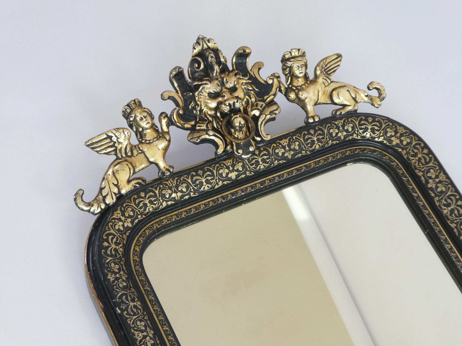 Antique French Arched Mirror, 19th Century Louis Philippe Black Gold With Ornament, Carved Wall Mirror photo buy