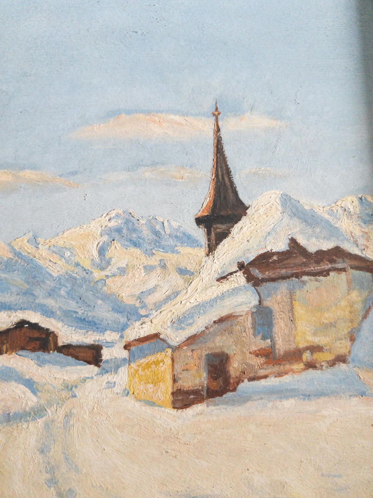 Peinture alpine mid-century représentant une chapelle de montagne enneigée, par J. Bauer photo Art