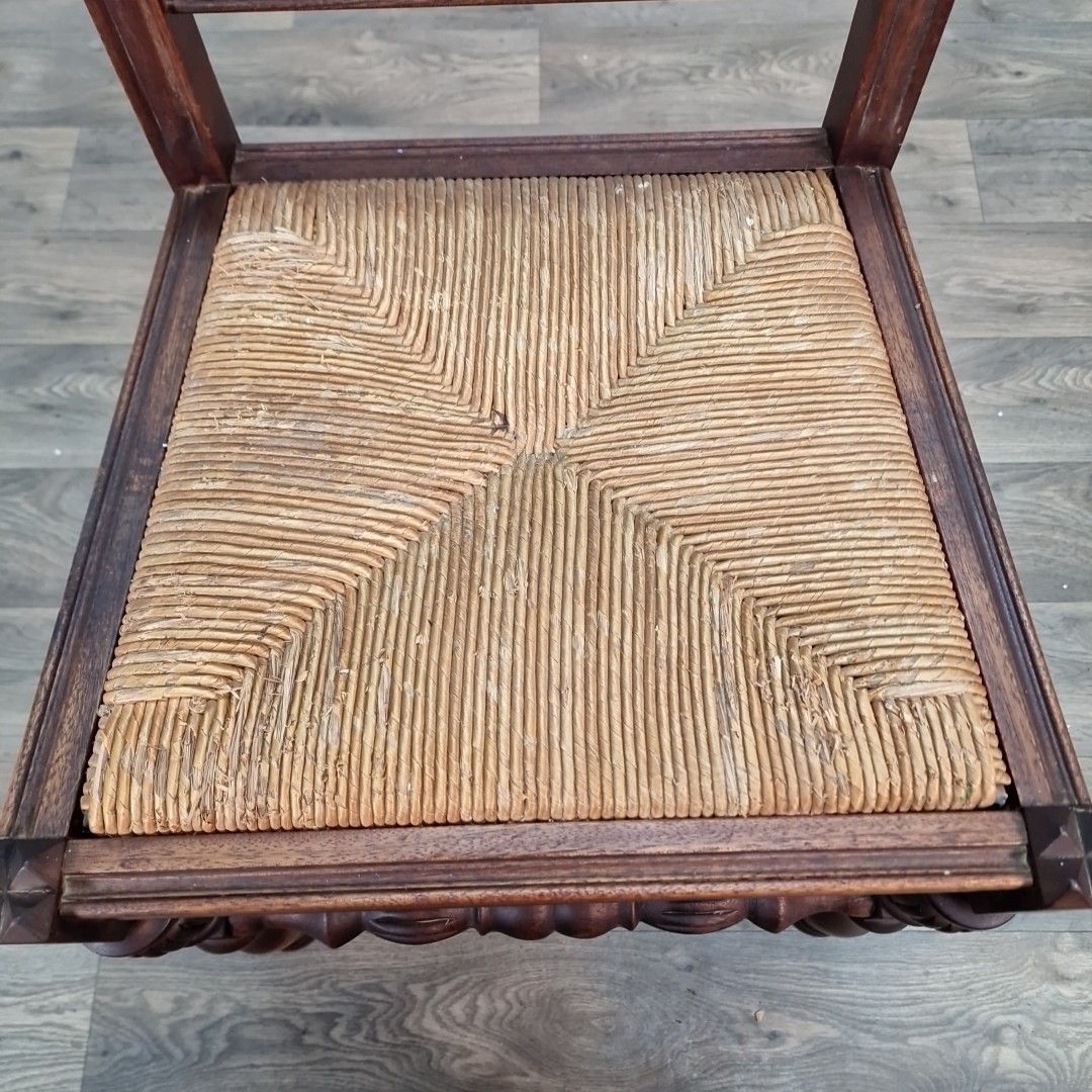 Antique Carved Wooden Chair Rush Seat Decorative Hall Neo Basque Style Walnut photo vintage