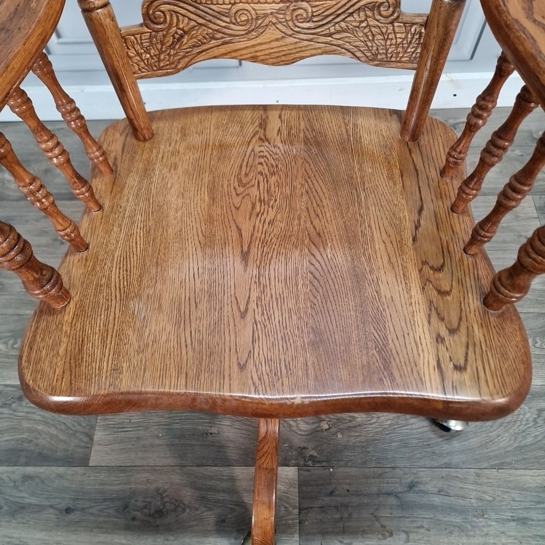 Vintage Oak Swivel Chair Wooden Desk Seat Colonial Style Office Armchair Carved photo vintage