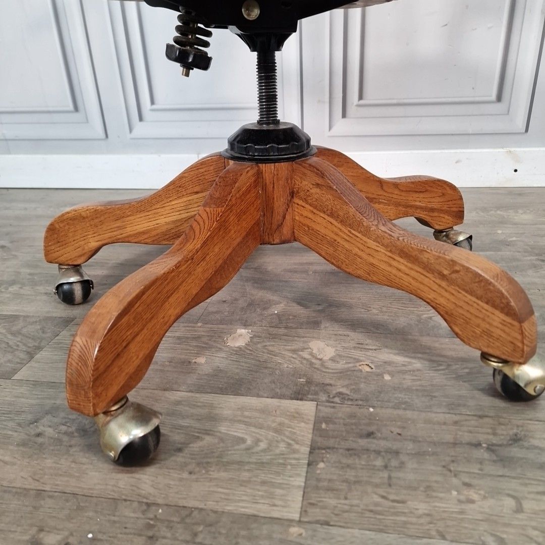 Furniture Vintage Oak Swivel Chair Wooden Desk Seat Colonial Style Office Armchair Carved photo