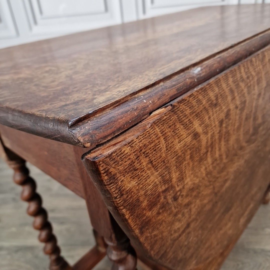Antique Oak Gateleg Table Barley Twist Drop Leaf Dining Wooden Vintage Retro photo vinterior