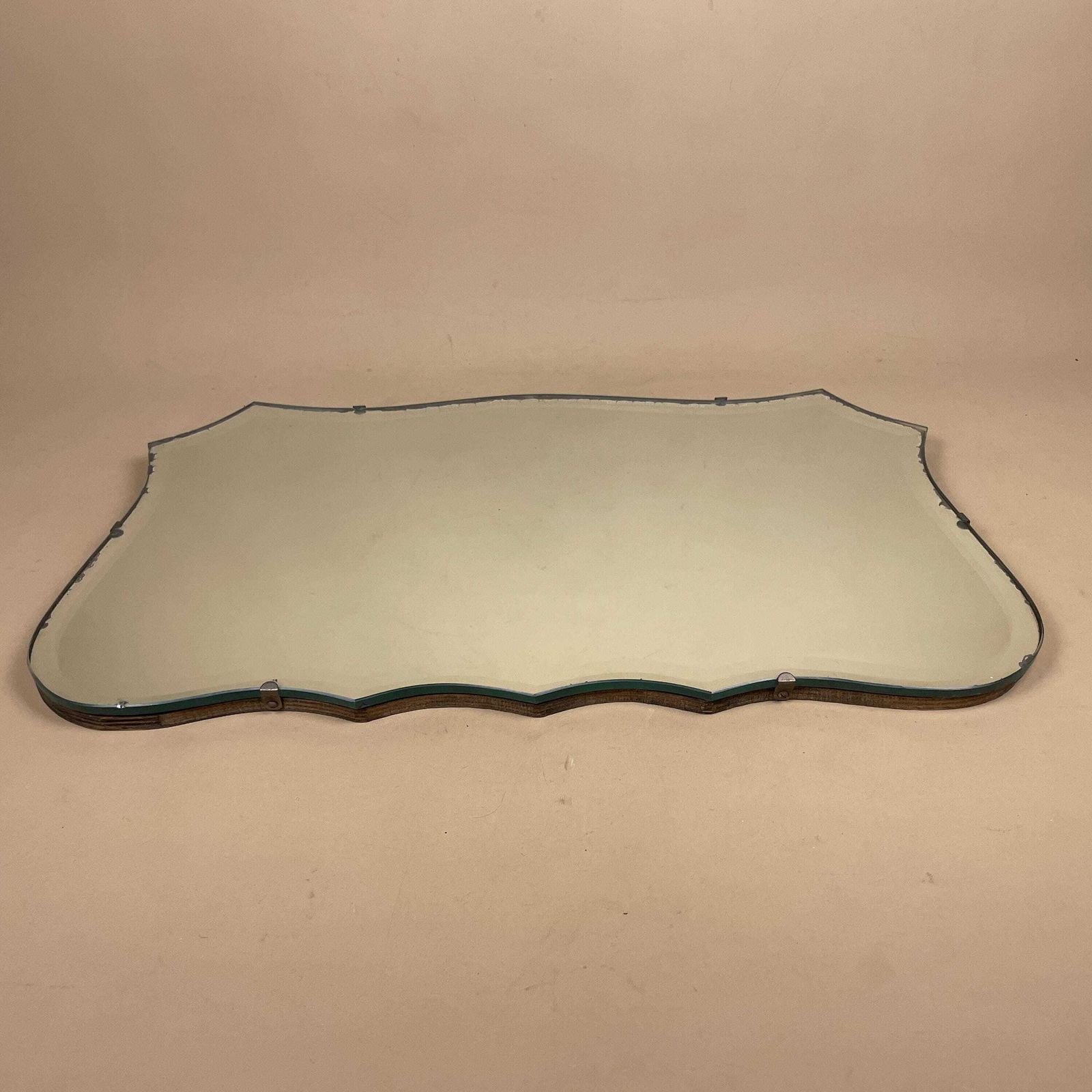 Vintage Wall Mirror Frameless Bevelled Glass Hanging Chain Art Deco Style C.1930s Unframed Hallway Bedroom 54x33cm Scalloped photo furniture