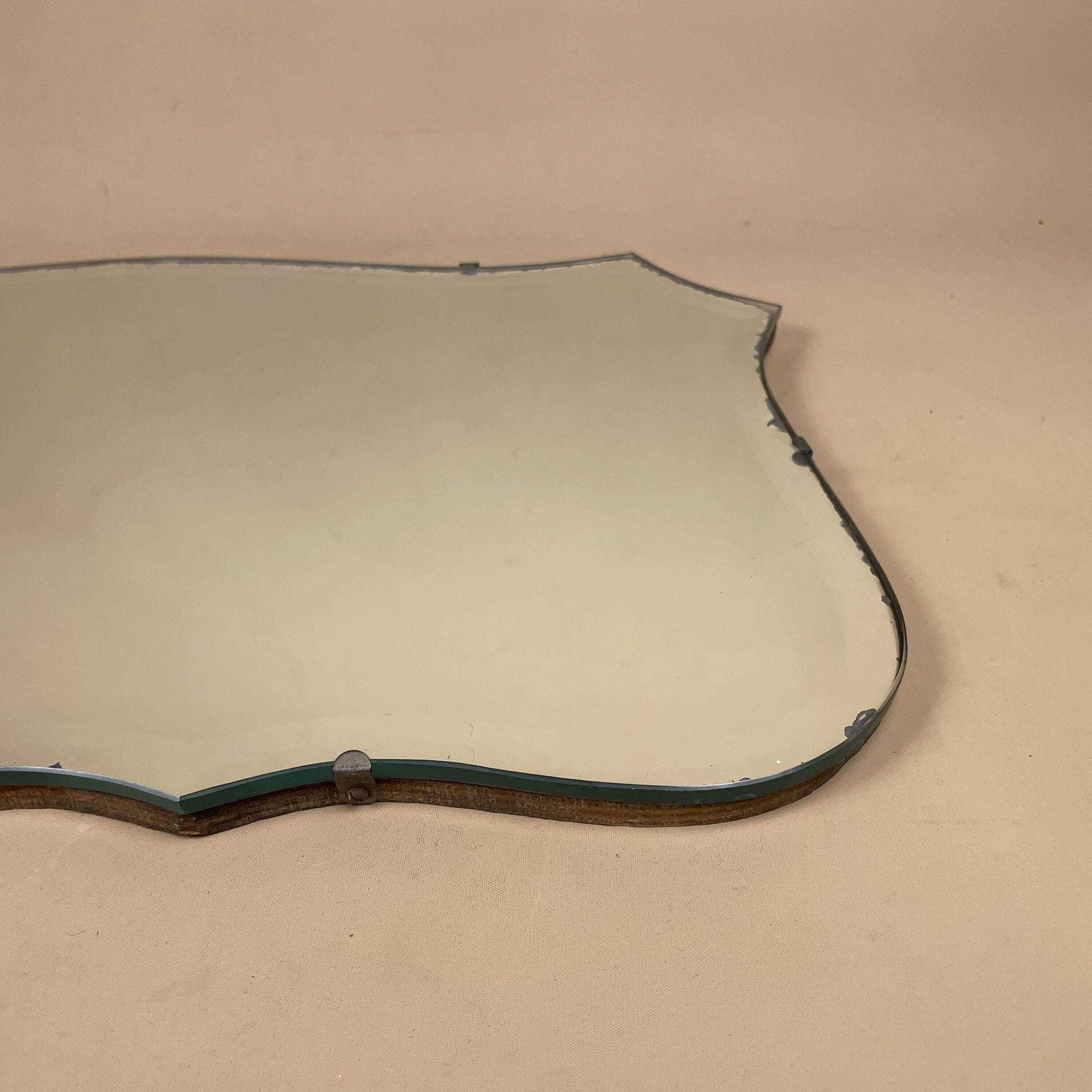 Vintage Wall Mirror Frameless Bevelled Glass Hanging Chain Art Deco Style C.1930s Unframed Hallway Bedroom 54x33cm Scalloped photo buy