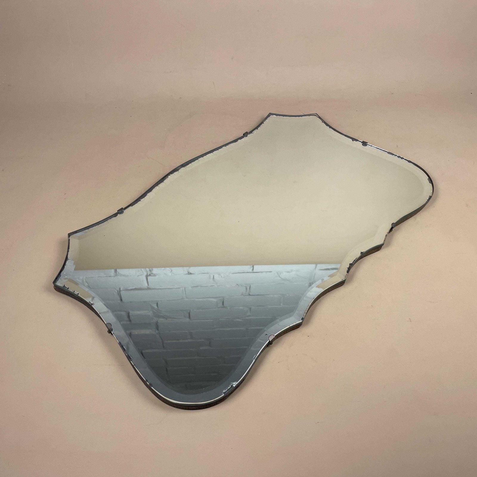 photo for sale Vintage Wall Mirror Frameless Bevelled Glass Hanging Chain Art Deco Style C.1930s Unframed Hallway Bedroom 54x33cm Scalloped
